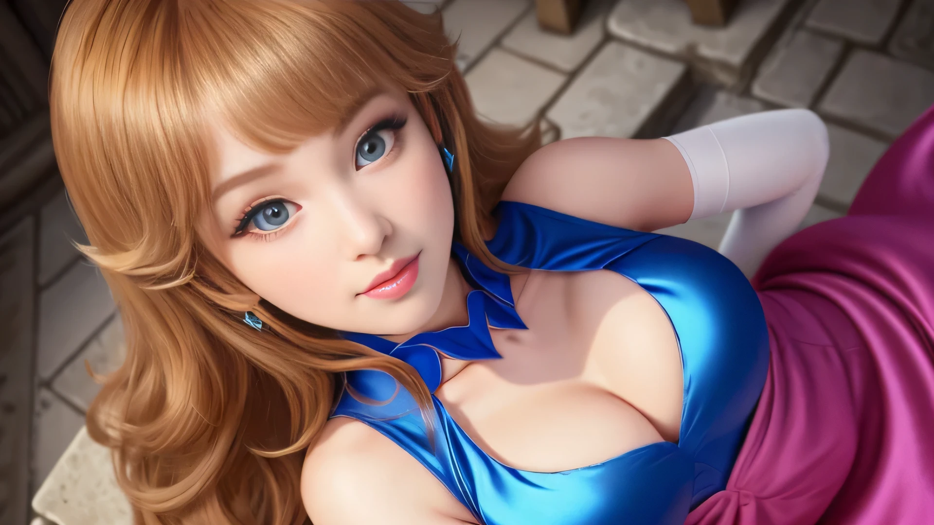 (masterpiece, highest quality, High resolution:1.4), disorganized, 1 girl,big breasts, star eye, (Princess Peach), blush, (realistic:1.5), blue eyes, Happy, break, pink dress, pretty girl,White Arm Gloves, From above,cowboy shot,perfect lighting, clear,  looking at the viewer, side light, perfect face, detailed face, bangs, perfect body, beautiful eyes, cute face, bright skin, Idol, Beautiful castle, beautiful city, (((silk))), Princess Speech,perfect body,(Lie:1.3)