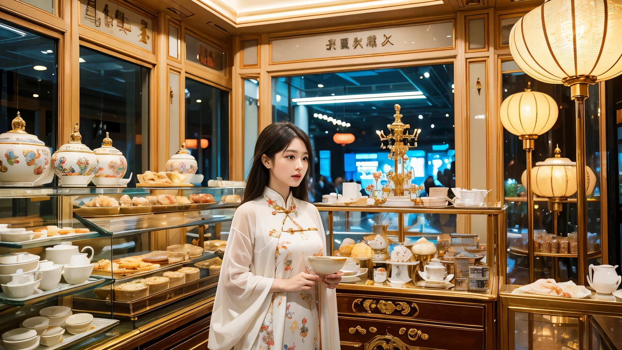 In a bustling large shopping mall, People and stalls with different perspectives, There are a lot of Chinese porcelain on the stall, A family is shopping, Surrealism, rococo style, high detail, Contemporary art, cinematic lighting, chromatic aberration, god rays, ray tracing, from below, projected inset, wide shot, UHD, masterpiece, ccurate, super detail, high details, high quality, award winning, best quality, highres, 4K