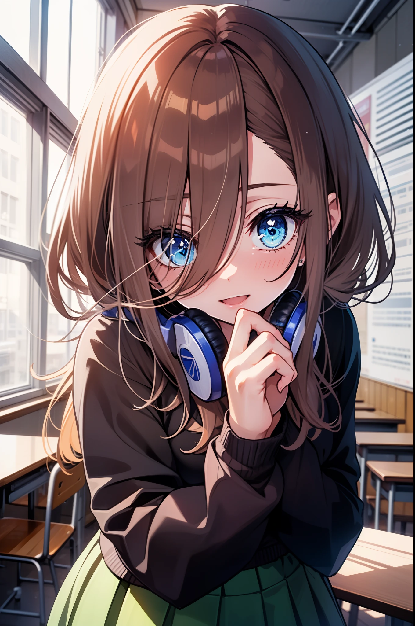 miku nakano, Nakano Miku Ticket III, long hair, bangs, blue eyes, brown hair, hair between eyes, headphones around neck,1:1,blush,smile,
break skirt, shirt, long sleeve, white shirt, pantyhose, pleated skirt, black pantyhose, cardigan, green skirt, blue cardigan,(great laugh:1.1), (open your mouth:1.1), (wide open eyes:1.2), glare of the sun, Bokeh, Depth of the bounds written, blurred background, particles of light, strong wind, (heart particles:1.1)
break indoors, classroom, School,
break looking at viewer, (cowboy shot:1.5), (Upper body:1.5),
break (masterpiece:1.2), highest quality, High resolution, unity 8k wallpaper, (figure:0.8), (detailed and beautiful eyes:1.6), highly detailed face, perfect lighting, Very detailed CG, (perfect hands, perfect anatomy),