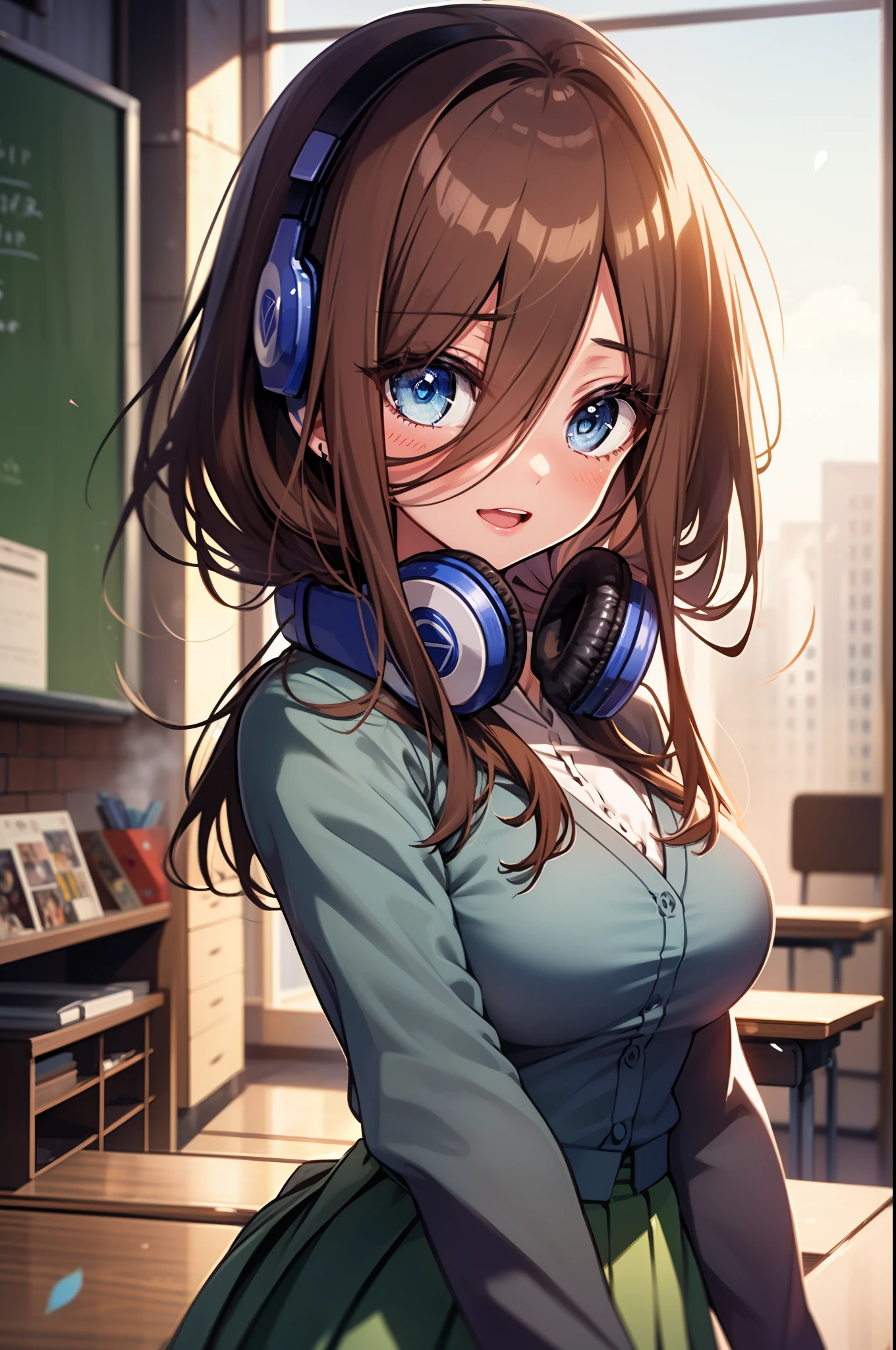 miku nakano, Nakano Miku Ticket III, long hair, bangs, blue eyes, brown hair, hair between eyes, headphones around neck,1:1,blush,smile,
break skirt, shirt, long sleeve, white shirt, pantyhose, pleated skirt, black pantyhose, cardigan, green skirt, blue cardigan,(great laugh:1.1), (open your mouth:1.1), (wide open eyes:1.2), glare of the sun, Bokeh, Depth of the bounds written, blurred background, particles of light, strong wind, (heart particles:1.1)
break indoors, classroom, School,
break looking at viewer, (cowboy shot:1.5), (Upper body:1.5),
break (masterpiece:1.2), highest quality, High resolution, unity 8k wallpaper, (figure:0.8), (detailed and beautiful eyes:1.6), highly detailed face, perfect lighting, Very detailed CG, (perfect hands, perfect anatomy),