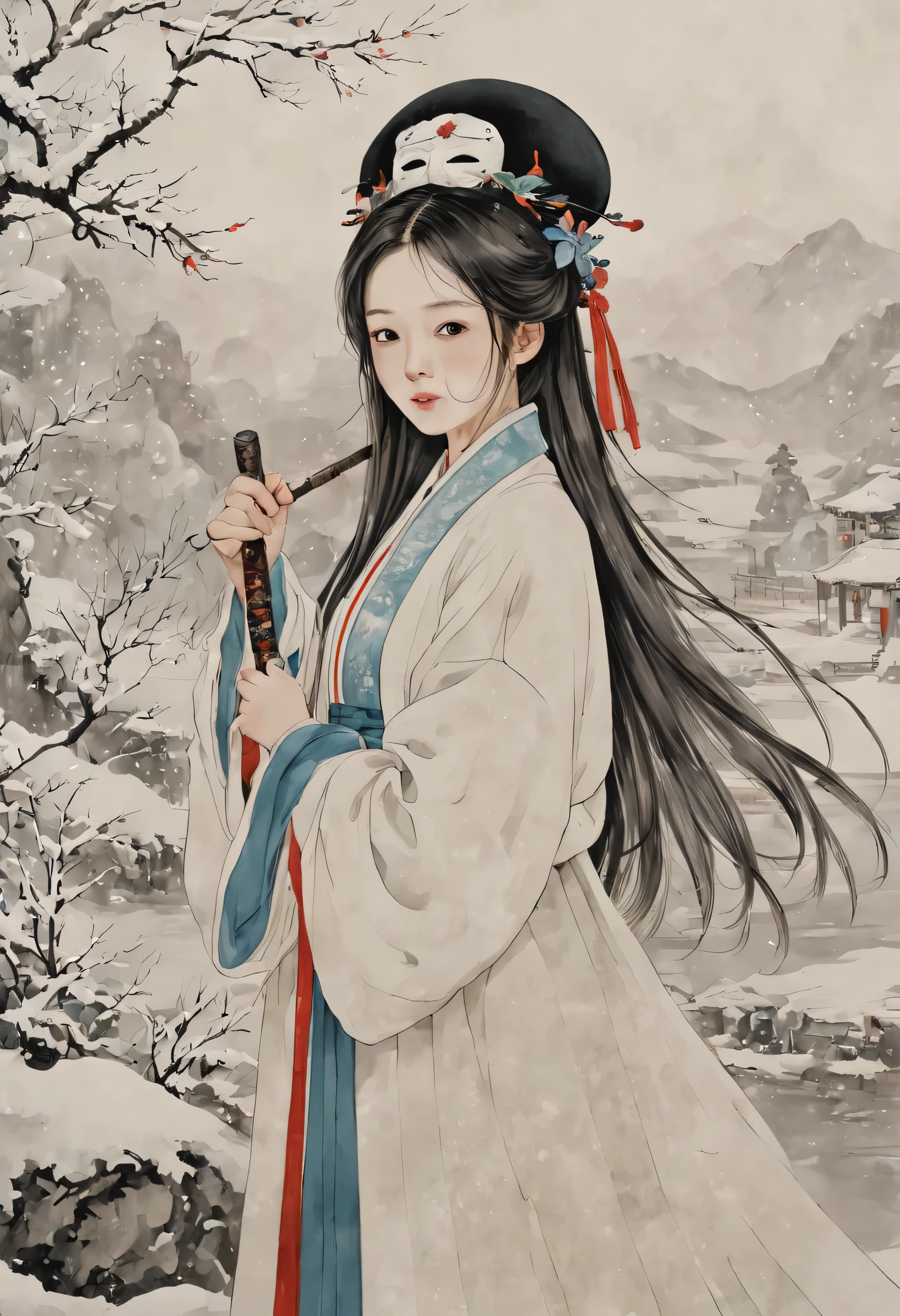 8k, masterpiece, best quality, two-dimensional, traditional chinese ink painting,
ink,  1 girl with a sword,  (face with mask:1.2), A big hat is worn on his head, long hair, looking at the audience, White Chinese long coat, 
The background is a lot of snow, white snow,