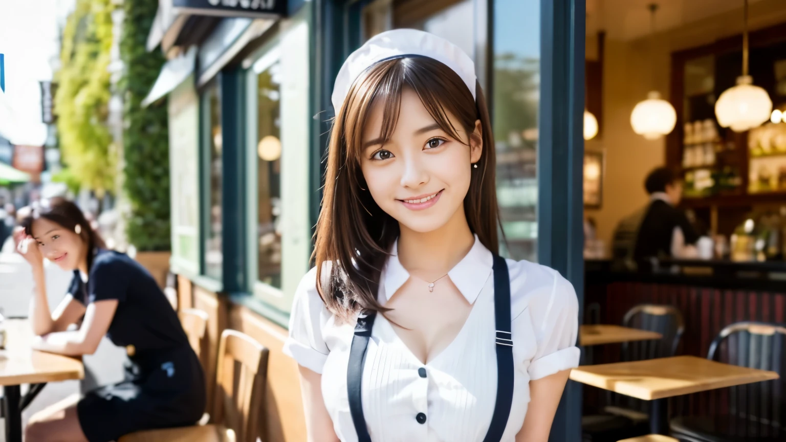((最high quality, 8k, masterpiece: 1.3)), perfect face,This is a full-length portrait of a beautiful model-like woman working in a miniskirt and apron at a cafe where uniforms are characterized by ., sharp focus, Sexy 1.2, , fine eyes, Beautiful eyes with long slits, double eyelid, (cat face), (cute Face), cute Smile, (close your mouth), (cute), soft skin, Show the whole body, surreal, super detailed, high quality, (Beautiful college girl working as a waitress in a cafe), ((詳細な非常にcute女子大生)), ((My breasts are hidden but big enough to be seen through my clothes)),A look and a smile as if staring at her boyfriend,An angle where you can see her beautiful thighs from under the apron and miniskirt,The season is spring