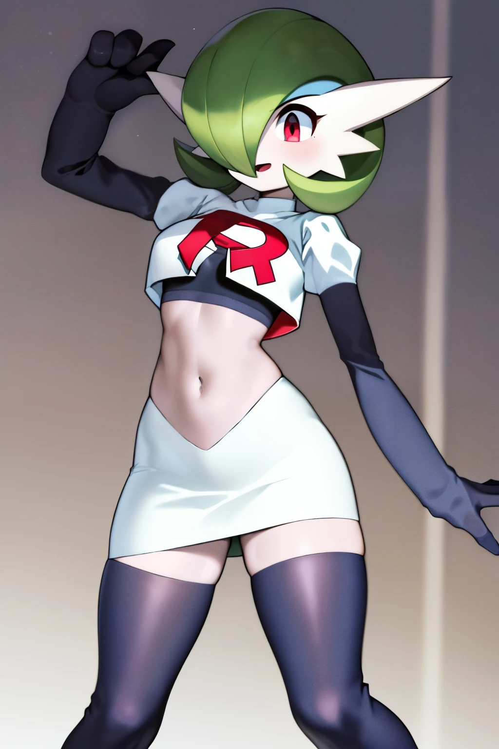 masterpiece, best_quality, 1girl, solo, gardevoir, creatures \(company\), game freak, nintendo, pokemon, pokemon \(game\), bangs, colored skin, female focus, gen 3 pokemon, green hair, green skin, hair over one eye, multicolored skin, pokemon \(creature\), red eyes, short hair, two-tone skin, white skin, team rocket,team rocket uniform,white skirt,red letter R,crop top,black thigh-highs,black elbow gloves