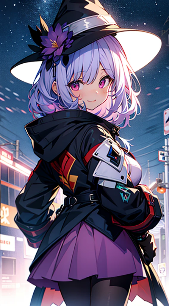 1girll,Red eyes, White color blouse, Gorgeous Hair in Long Purple, looking at viewert, light particules, ssmile, starrysky, Wizard's Hat, sleeveless, bare shoulders, By bangs,( She wears a black hooded trench coat,There are fluff on it), tilt of the head,Pantyhose, nipple tassels,flower knot, mitts, beatiful detailed eyes, detailed back ground,