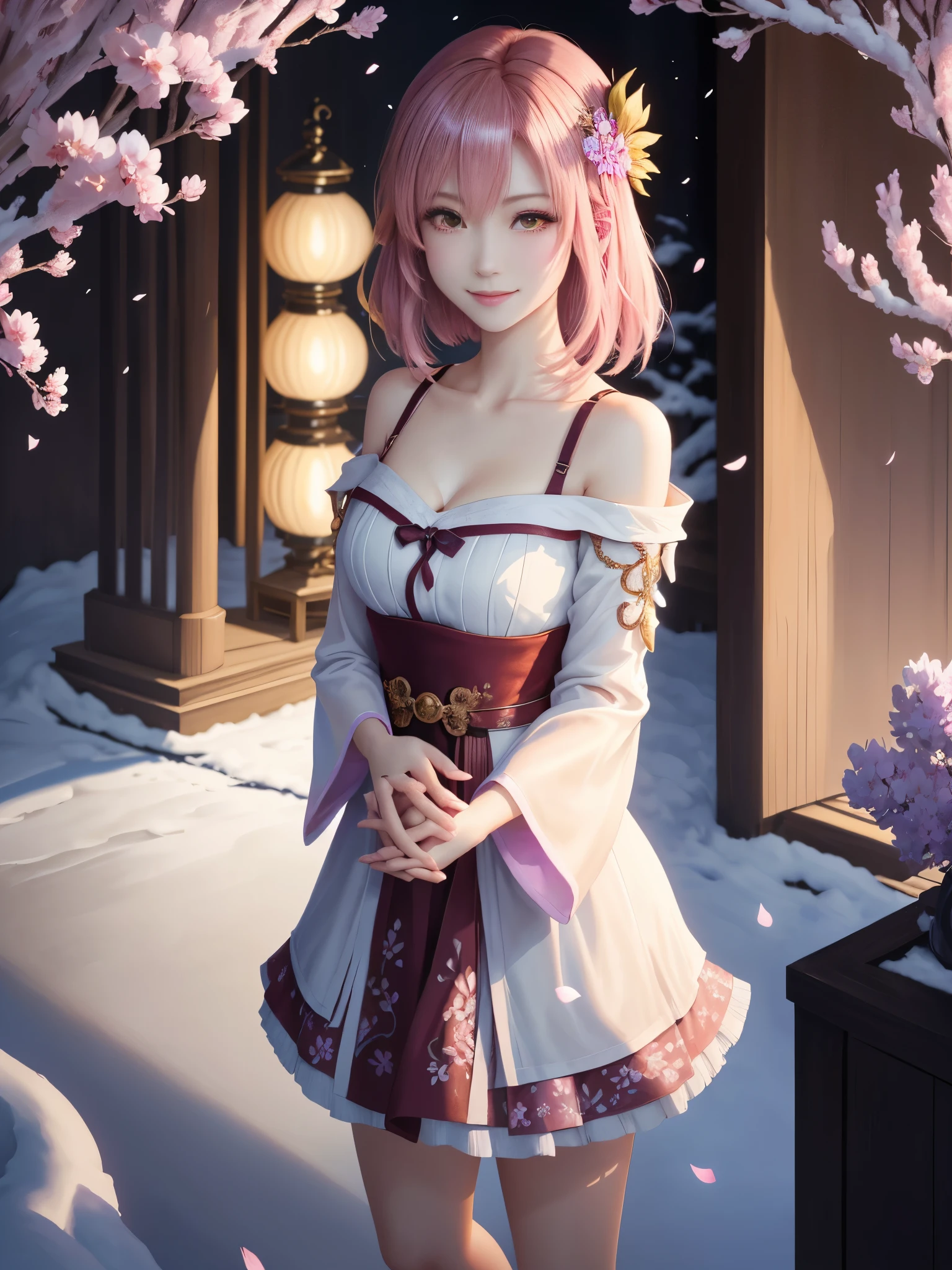 masterpiece , best quality,smile,smile,small face,shoulder exposure,less cleavage exposure,light pink hair,slender body shape,brown eyes,sharp contrast,short hair,Beautiful short hair,Berry Short,short cut hair,just one person,precision quality,Faithfully reproduced eyes, The surroundings are shining gold,一面に咲くcherry blossom background,snow scene,masterpiece, 幻想的なcherry blossom background,night,nightの背景,cherry blossom background,beautiful details, colorful, delicate details, delicate lips, intricate details, genuine, ultrargenuineista, 枝に座っている色とりどりの髪のFoxを持つ女の子:Mature, bright eyes, ,色とりどりのFox, raposa de nine tails, 三尾Fox, 三尾Fox, onmyoji detail art, beautiful fine art illustration, mythical creatures, Fox, beautiful digital art,shrine maiden,hold hands,exquisite digital illustration, mizutsune, Inspired by mythical wild web creatures, pixiv in digital art, shining light, high contrast, Mysterious,
