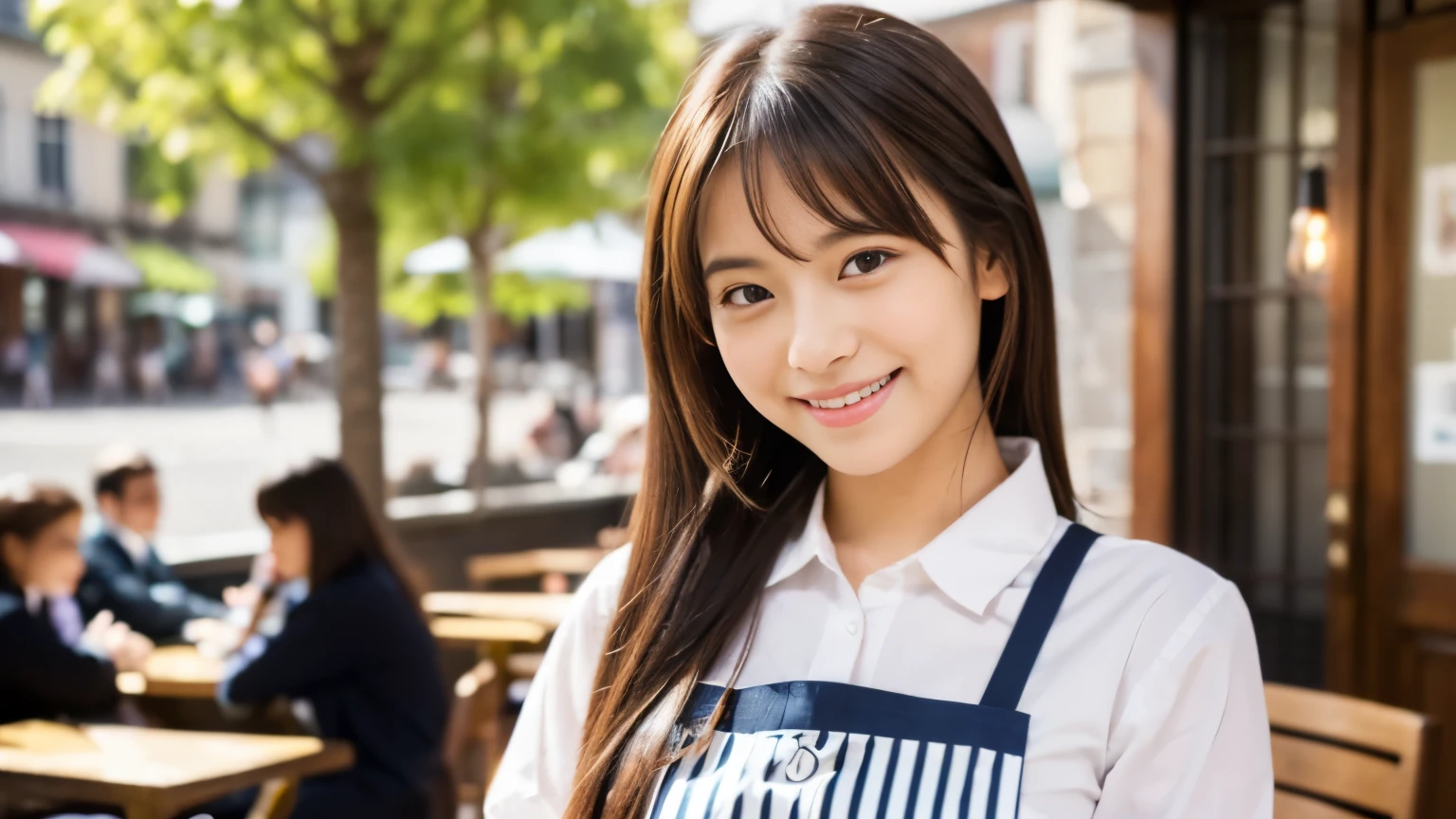 ((最high quality, 8k, masterpiece: 1.3)), perfect face,This is a full-length portrait of a beautiful model-like woman working in a miniskirt and apron at a cafe where uniforms are characterized by ., sharp focus, Sexy 1.2, , fine eyes, Beautiful eyes with long slits, double eyelid, (cat face), (cute Face), cute Smile, (close your mouth), (cute), soft skin, Show the whole body, surreal, super detailed, high quality, (Beautiful college girl working as a waitress in a cafe), ((詳細な非常にcute女子大生)), ((My breasts are hidden but big enough to be seen through my clothes)),A look and a smile as if staring at her boyfriend,An angle where you can see her beautiful thighs from under the apron and miniskirt,The season is spring