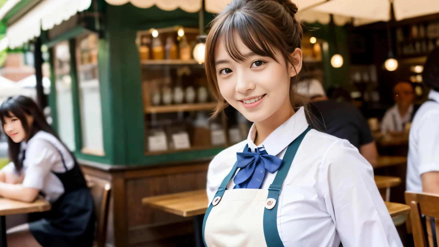 ((最high quality, 8k, masterpiece: 1.3)), perfect face,This is a full-length portrait of a beautiful model-like woman working in a miniskirt and apron at a cafe where uniforms are characterized by ., sharp focus, Sexy 1.2, , fine eyes, Beautiful eyes with long slits, double eyelid, (cat face), (cute Face), cute Smile, (close your mouth), (cute), soft skin, Show the whole body, surreal, super detailed, high quality, (Beautiful college girl working as a waitress in a cafe), ((詳細な非常にcute女子大生)), ((My breasts are hidden but big enough to be seen through my clothes)),A look and a smile as if staring at her boyfriend,An angle where you can see her beautiful thighs from under the apron and miniskirt,The season is spring