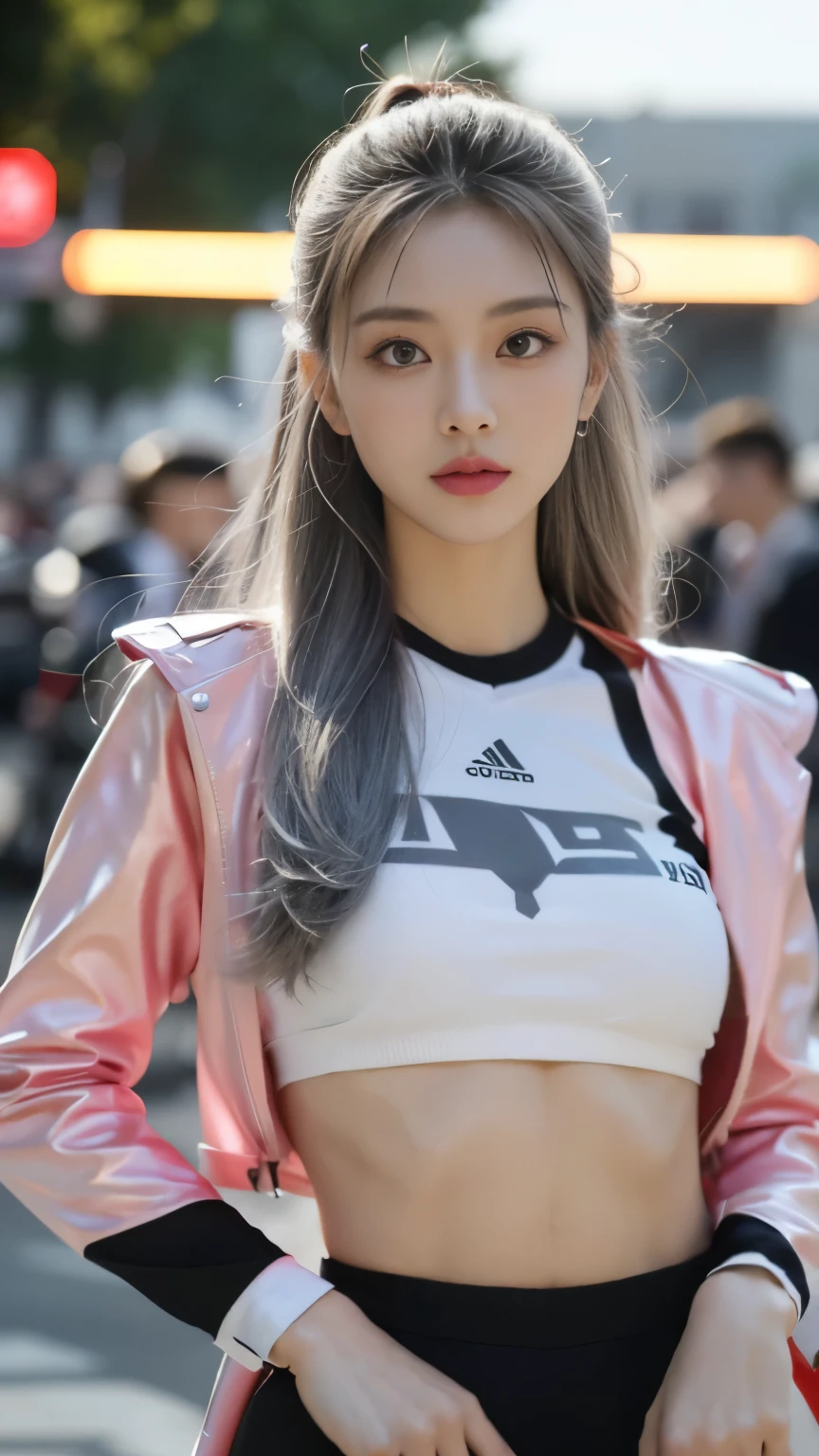 1 sister,Wear a tight pink and white racing suit,从头到big deal腿,Hold the handlebars of your motorcycle,(riding a motorcycle:1.2),navel,Just look at the audience,midnight street,Light,NSFW,((best quality,8k,masterpiece:1.3))),clear focus:1.2,(layered pruning,big deal:1.2),Beautiful woman with perfect body:1.4,Slim abs:1.2,moist body:1.5,Highly detailed face and skin textures,exquisite eyes,double eyelids,long gray hair