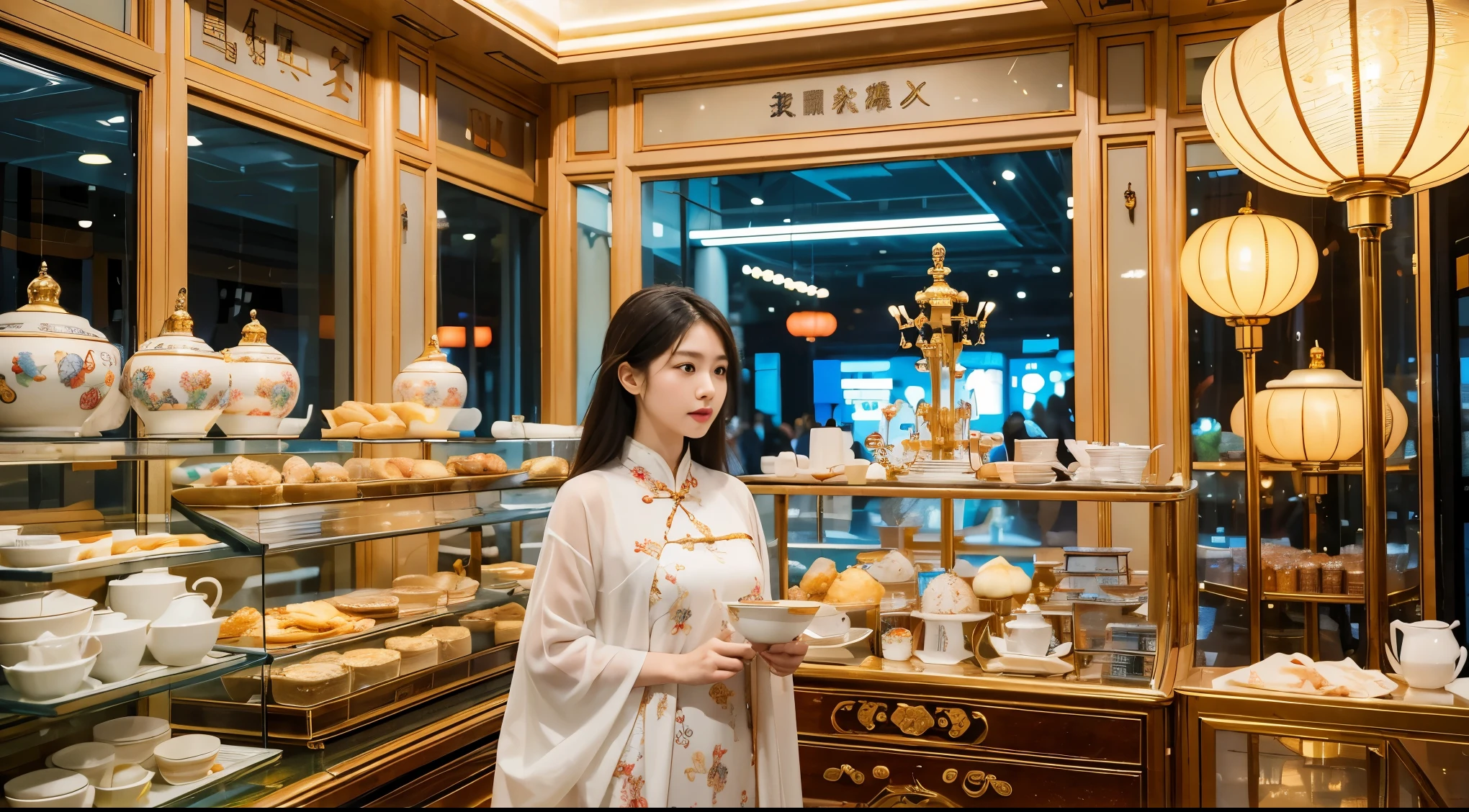 In a bustling large shopping mall, People and stalls with different perspectives, There are a lot of Chinese porcelain on the stall, A family is shopping, Surrealism, rococo style, high detail, Contemporary art, cinematic lighting, chromatic aberration, god rays, ray tracing, from below, projected inset, wide shot, UHD, masterpiece, ccurate, super detail, high details, high quality, award winning, best quality, highres, 4K
