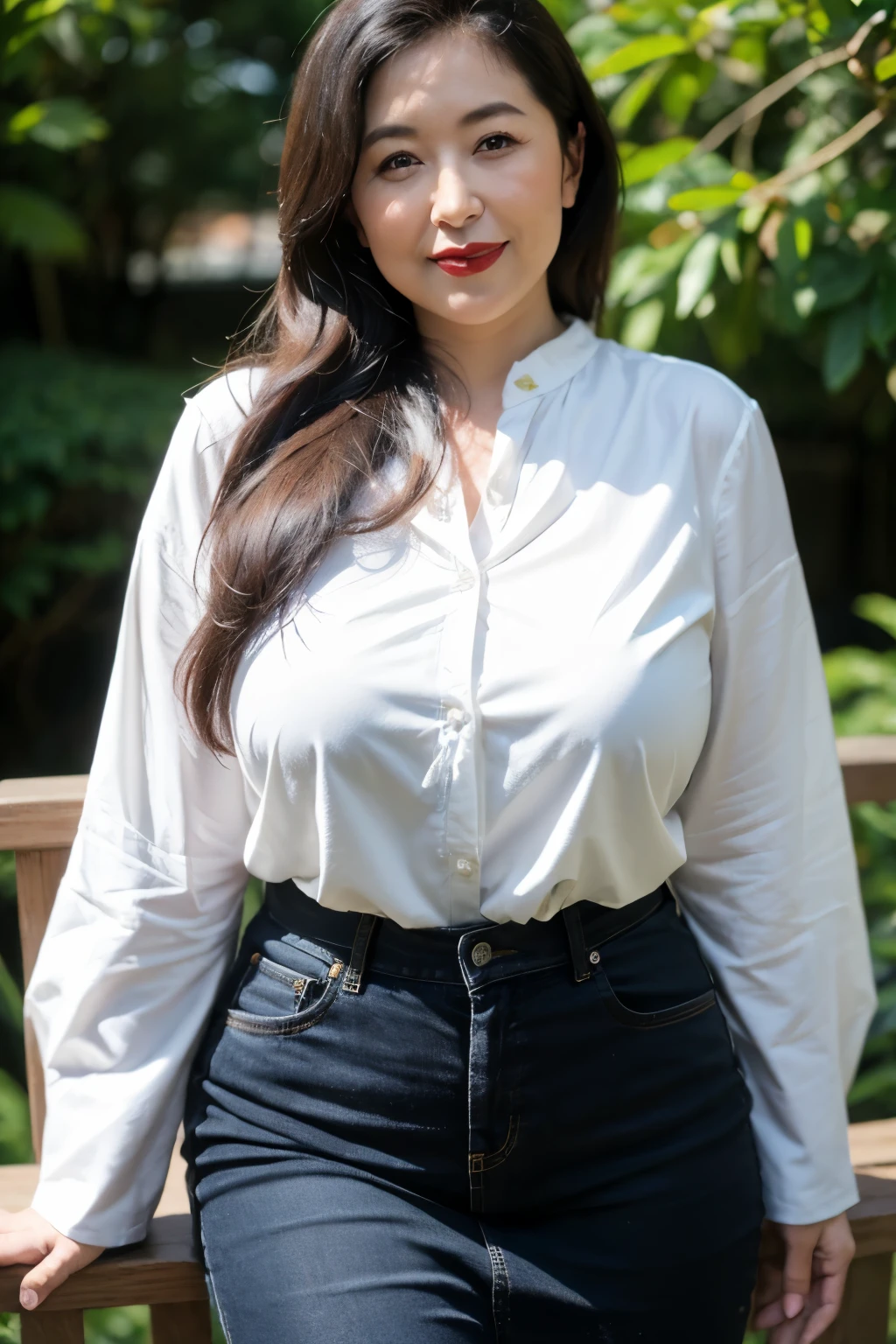 ((top quality、8k、masterpiece:1.3))、sharp focus, High level of image quality, high resolution,,white shirt,black jeans,37-year-old woman with long wavy hair,Mature,charming smile,Draw lips correctly, red lipstick,stand,Chubby body,Big breasts,garden background,full-body shot