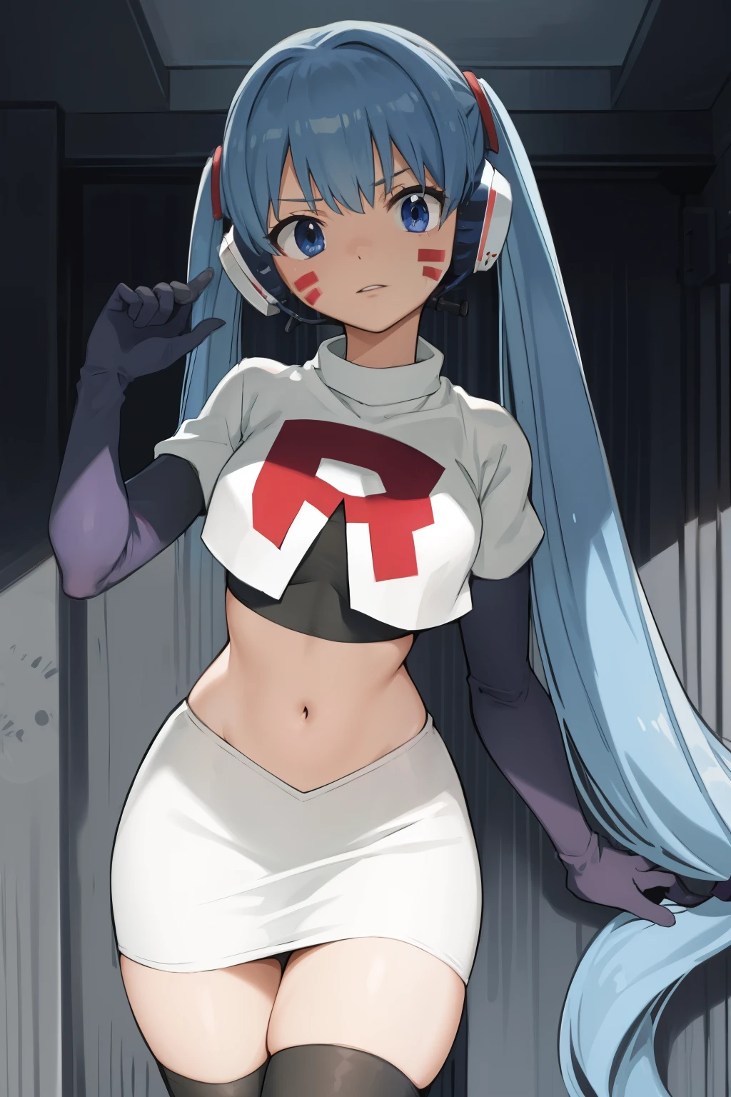 masterpiece, best quality, pov, harmit1, 1girl, solo, blue eyes, blue hair, long hair, twintails, facial mark, headphones, 
team rocket,team rocket uniform, red letter R, white skirt,white crop top,black thigh-highs,black elbow gloves