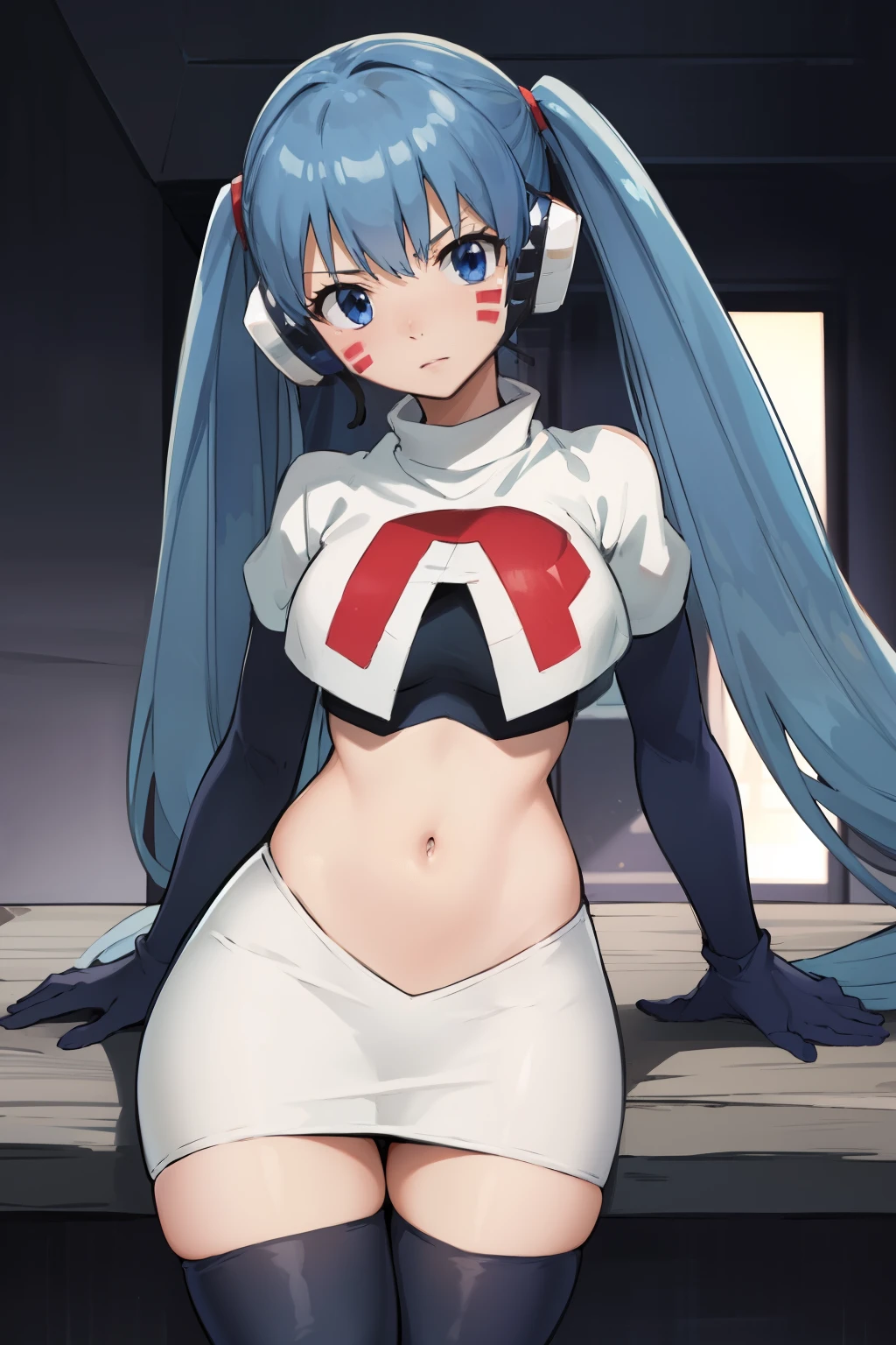 masterpiece, best quality, pov, harmit1, 1girl, solo, blue eyes, blue hair, long hair, twintails, facial mark, headphones, 
team rocket,team rocket uniform, red letter R, white skirt,white crop top,black thigh-highs,black elbow gloves