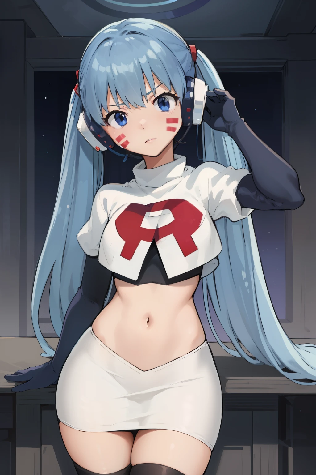 masterpiece, best quality, pov, harmit1, 1girl, solo, blue eyes, blue hair, long hair, twintails, facial mark, headphones, 
team rocket,team rocket uniform, red letter R, white skirt,white crop top,black thigh-highs,black elbow gloves