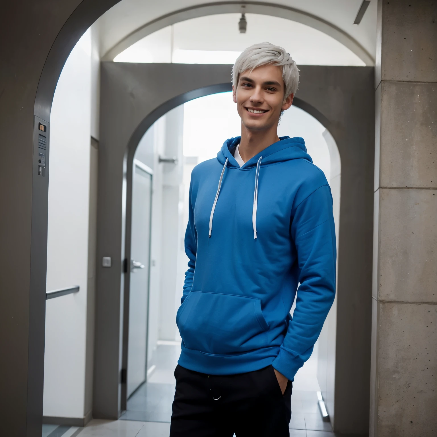 A slim, tall man with a relaxed smile and bright eyes. He wears a blue hoodie with a hood, black pants, and has short, white hair. His posture is relaxed, exuding calmness and confidence.