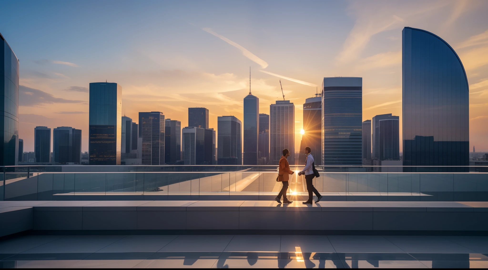 A stunning photo of a futuristic, architecturally-advanced building, with sleek aluminum and tempered glass surfaces. with the sun setting in the background, casting warm hues of orange and pink across the sky. The cityscape is visible in the distance, with a few people walking on the street. The building's design incorporates a blend of geometric shapes and curves, creating a sense of innovation and progress., photo