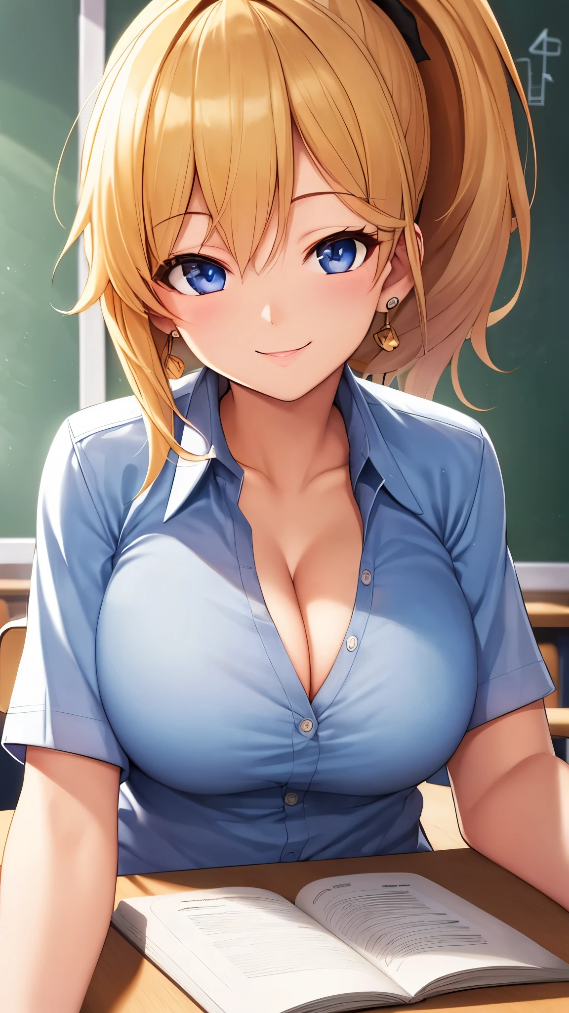 (best quality:1.5, highres, UHD, 4K, detailed lighting, shaders, HDR, hand depiction, anime style), blonde ponytail, large breasts, school uniform, half buttoned, cleavage, bra, smiling, earrings, pov, upper body shot, classroom background