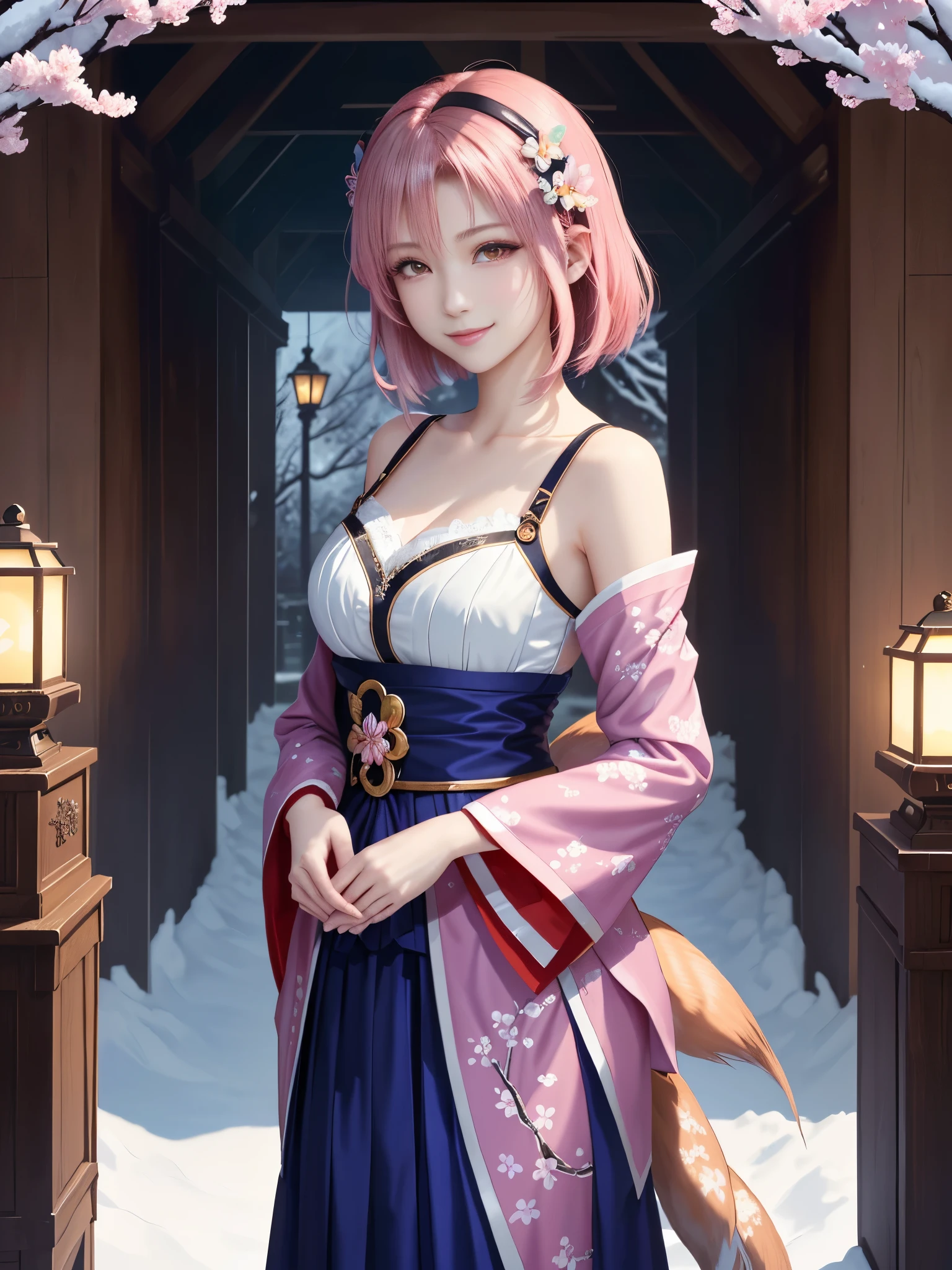 masterpiece , best quality,smile,smile,small face,shoulder exposure,less cleavage exposure,light pink hair,slender body shape,brown eyes,sharp contrast,short hair,Beautiful short hair,Berry Short,short cut hair,just one person,precision quality,Faithfully reproduced eyes, The surroundings are shining gold,一面に咲くcherry blossom background,snow scene,masterpiece, 幻想的なcherry blossom background,night,nightの背景,cherry blossom background,beautiful details, colorful, delicate details, delicate lips, intricate details, genuine, ultrargenuineista, 枝に座っている色とりどりの髪のFoxを持つ女の子:Mature, bright eyes, ,色とりどりのFox, raposa de nine tails, 三尾Fox, 三尾Fox, onmyoji detail art, beautiful fine art illustration, mythical creatures, Fox, beautiful digital art,shrine maiden,hold hands,exquisite digital illustration, mizutsune, Inspired by mythical wild web creatures, pixiv in digital art, shining light, high contrast, Mysterious,