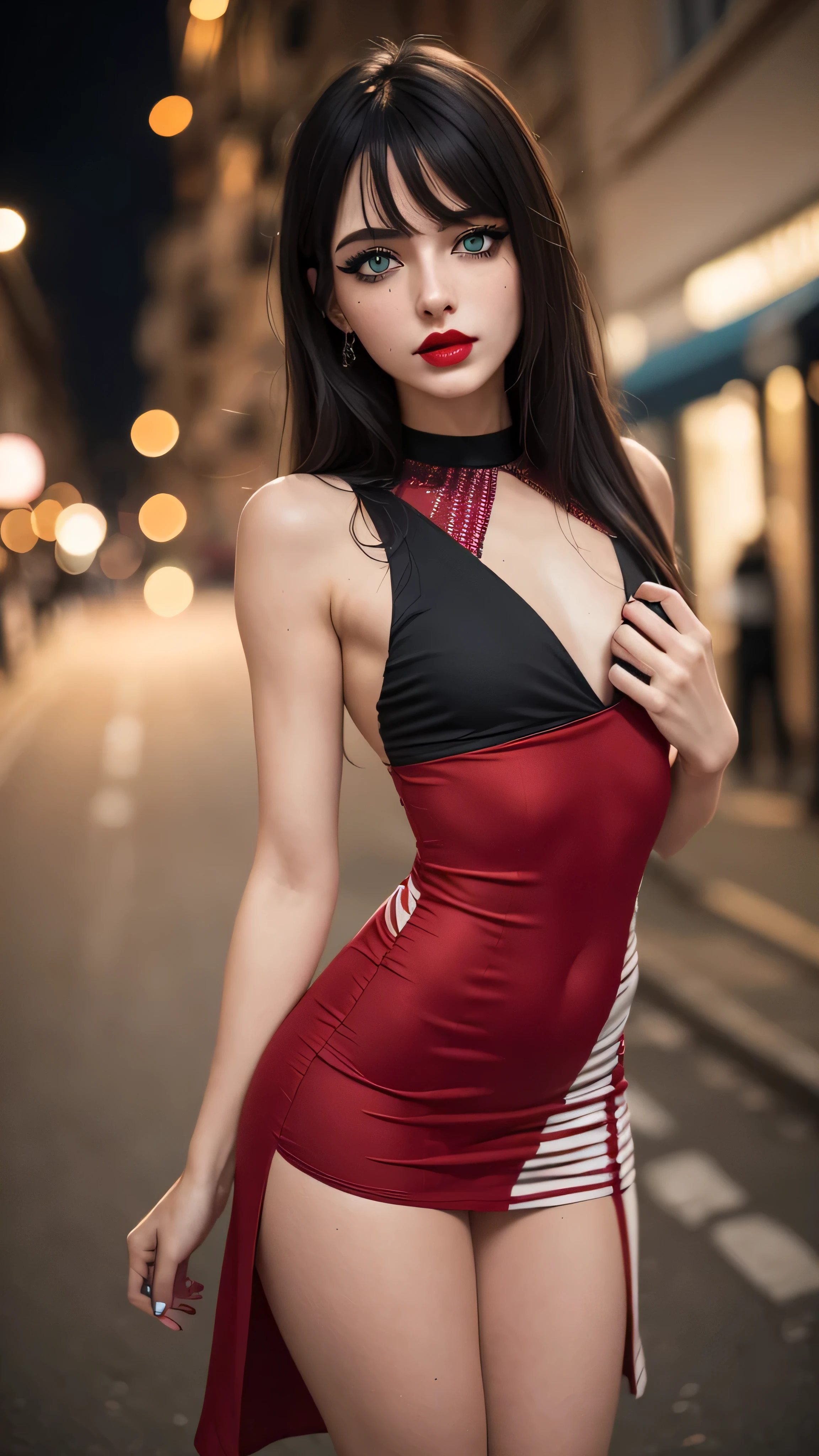 woman wearing (((loose-fitting small thin high split deep cut short ((red black white dress))))) revealing ((((([flat chest:medium breasts:0.8])), blackout goth eyeshadow, red lips)), sideboob), (deep plunging neckline), (extremely short hemline), posing in Paris street, at night, dark, feminine fit detailed body and face, highly detailed expressive , space above head, depth of field, ultra realistic, Fujifilm, BREAK (clear green eyes, dark hair)