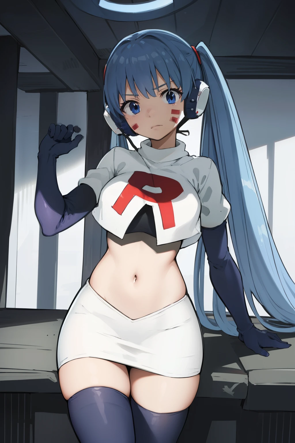 masterpiece, best quality, pov, harmit1, 1girl, solo, blue eyes, blue hair, long hair, twintails, facial mark, headphones, 
team rocket,team rocket uniform, red letter R, white skirt,white crop top,black thigh-highs,black elbow gloves