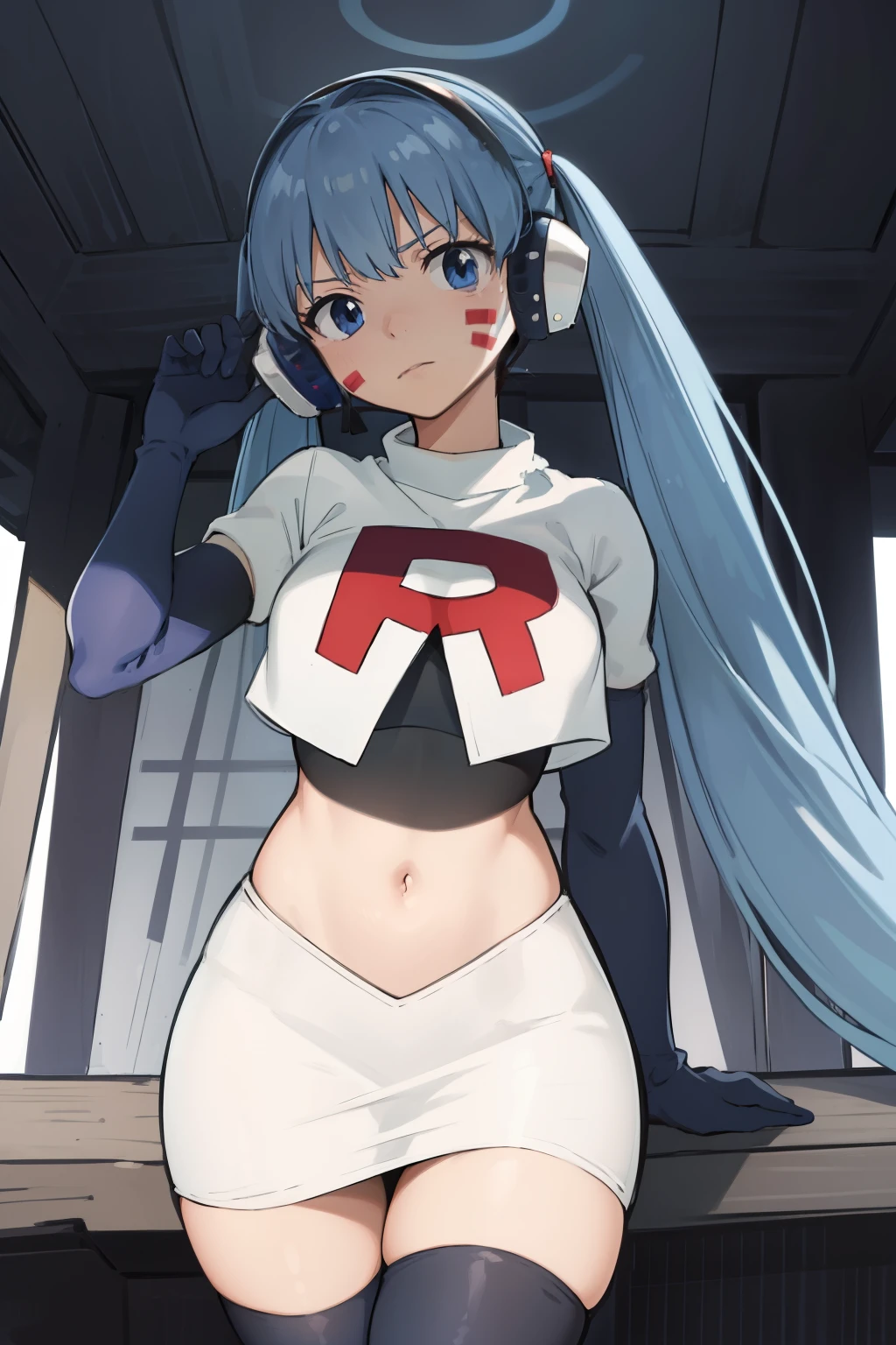 masterpiece, best quality, pov, harmit1, 1girl, solo, blue eyes, blue hair, long hair, twintails, facial mark, headphones, 
team rocket,team rocket uniform, red letter R, white skirt,white crop top,black thigh-highs,black elbow gloves