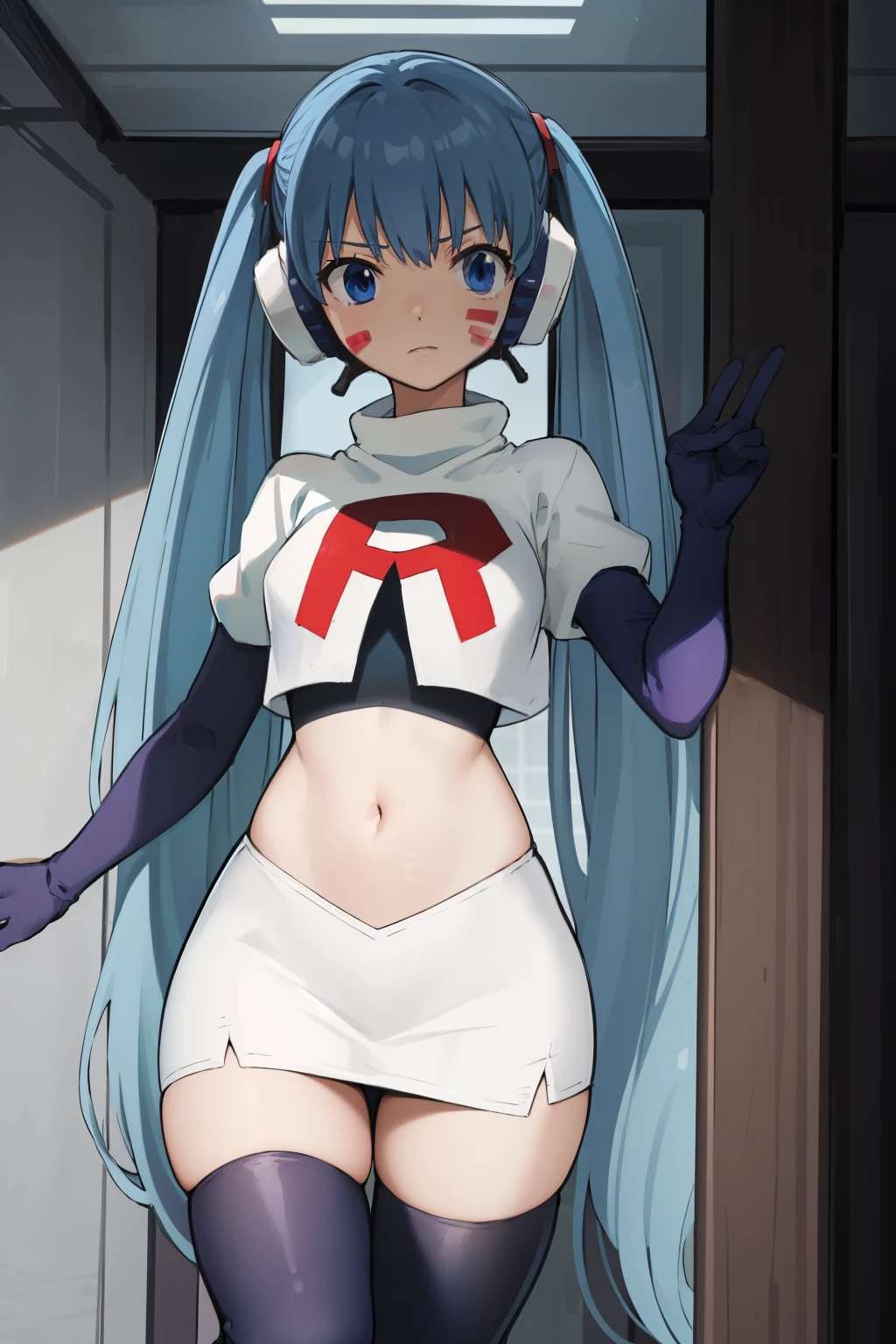 masterpiece, best quality, pov, harmit1, 1girl, solo, blue eyes, blue hair, long hair, twintails, facial mark, headphones, 
team rocket,team rocket uniform, red letter R, white skirt,white crop top,black thigh-highs,black elbow gloves