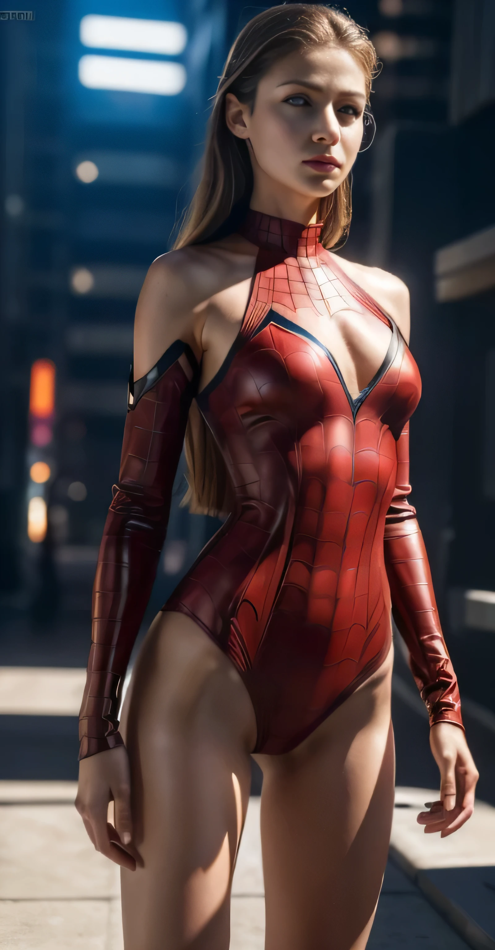 ((masterpiece, 8K, 3D, Realistic, Super Detail)), (1girl:1.3), slender , Ultra Micro photography, Super realistic, Perfect face, Beautiful features, ((Perfect female body)) Beautiful features, ( body), ((small hip)), Melissa Benoist as Spidermanl Bikini suit ((Exposed thigh)), Exposed Skin, Front Full body Shot, full body portrait, futuristic city background
