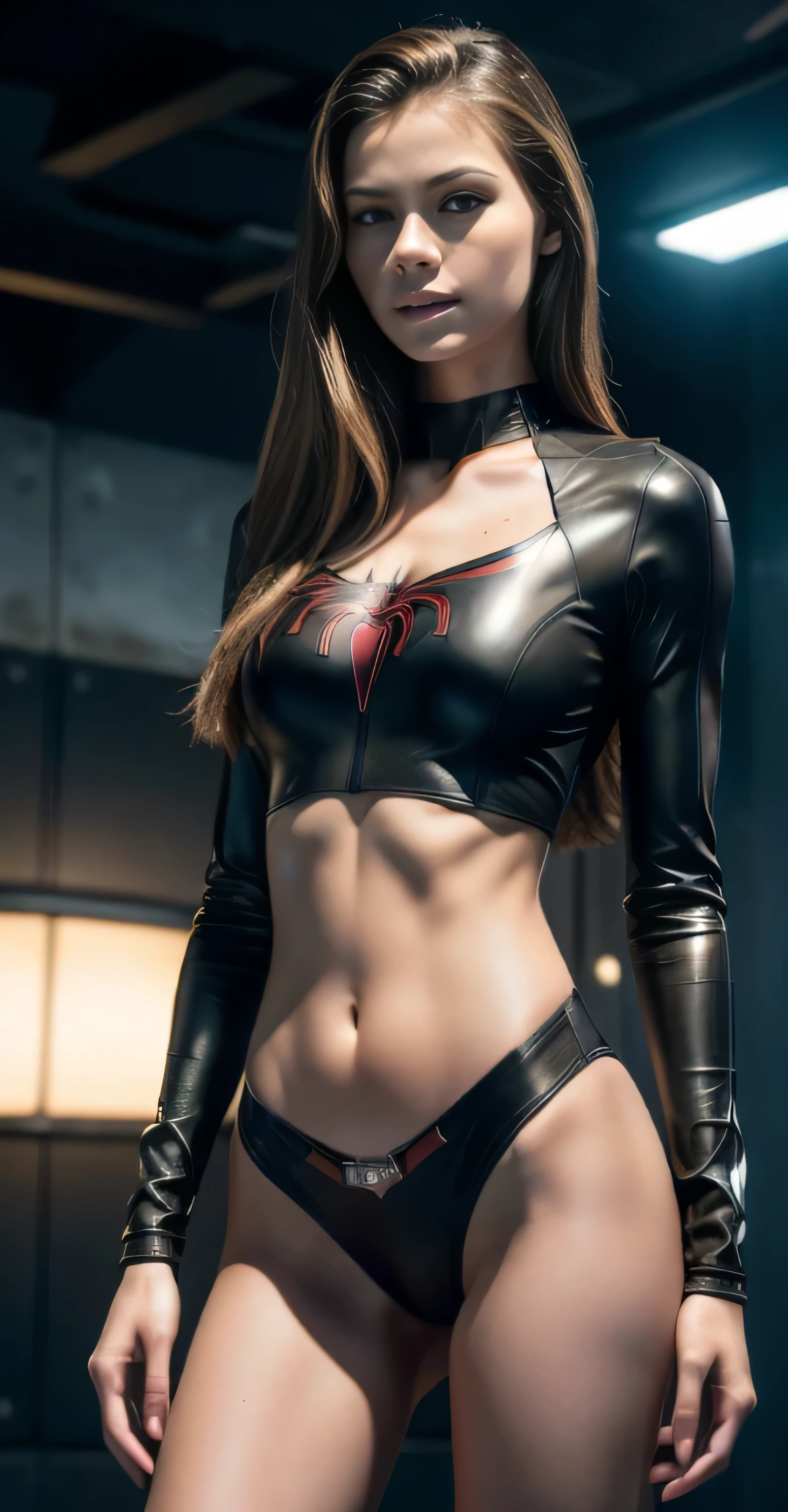 ((masterpiece, 8K, 3D, Realistic, Super Detail)), (1girl:1.3), slender 17 age, Ultra Micro photography, Super realistic, Perfect face, Beautiful features, ((Perfect female body)) Beautiful features, ( body), ((small hip)), Melissa Benoist as Spidermanl Bikini suit ((Exposed thigh)), Exposed Skin, Front Full body Shot, full body portrait, futuristic city background