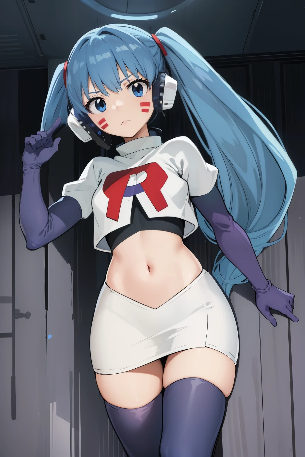 masterpiece, best quality, pov, harmit1, 1girl, solo, blue eyes, blue hair, long hair, twintails, facial mark, headphones, 
team rocket,team rocket uniform, red letter R, white skirt,white crop top,black thigh-highs,black elbow gloves