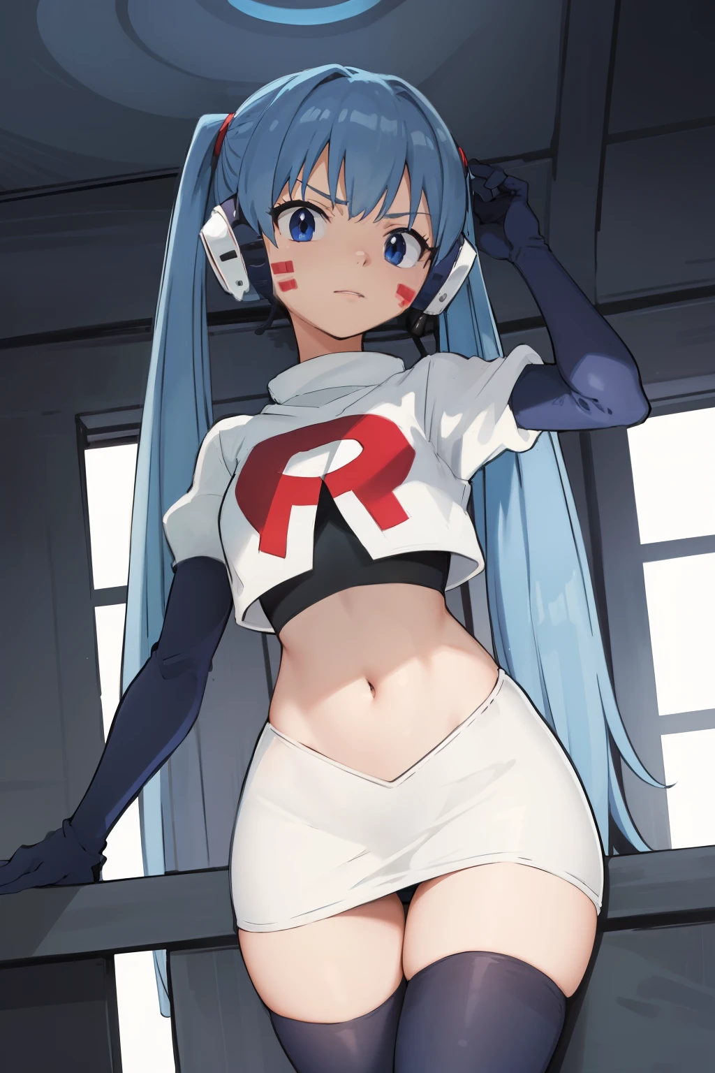 masterpiece, best quality, pov, harmit1, 1girl, solo, blue eyes, blue hair, long hair, twintails, facial mark, headphones, 
team rocket,team rocket uniform, red letter R, white skirt,white crop top,black thigh-highs,black elbow gloves