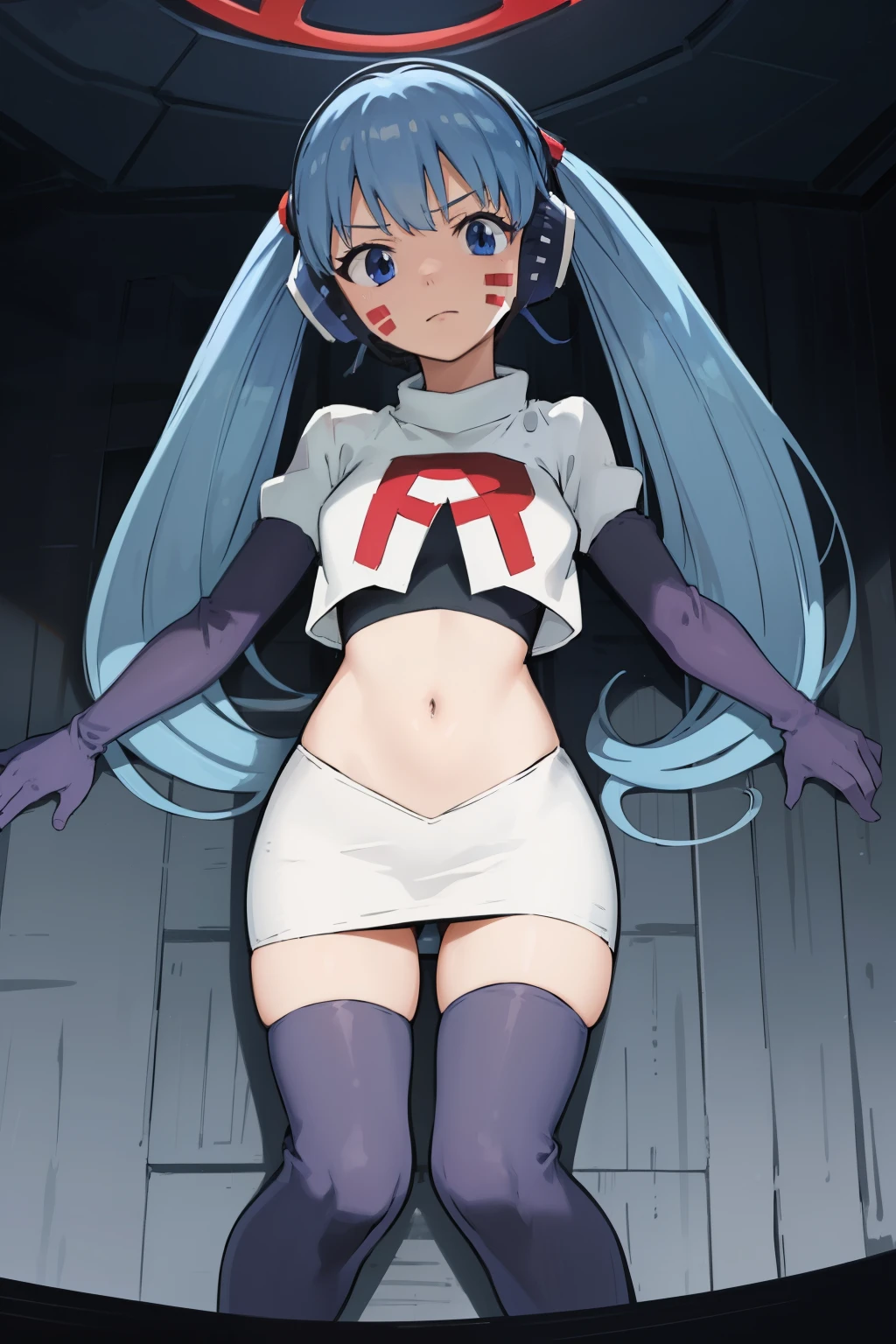 masterpiece, best quality, pov, harmit1, 1girl, solo, blue eyes, blue hair, long hair, twintails, facial mark, headphones,
team rocket,team rocket uniform, red letter R, white skirt,white crop top,black thigh-highs,black elbow gloves