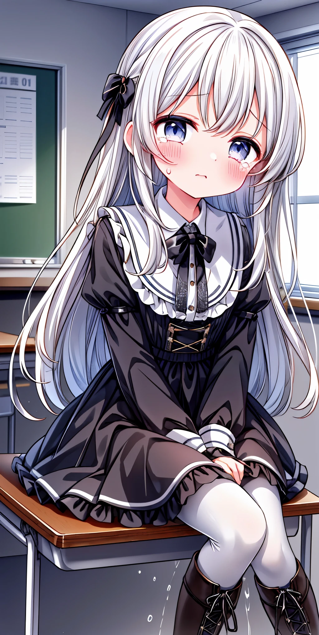 Black lace-up boots,white pantyhose,blush害羞,classroom scene,girl,,((absurd)), ((on the table)), (best quality), (lens flare), (Super detailed), (beautiful), ((cute girl)), alone, beautiful face, White skin, on the table, (10 years old: 1.3), , 、A girl goes to the toilet、 permanent, is crying, close her eyes, tears flow from eyes, Embarrassment comes from, blush), (girl is peeing: 1.2),, look away, sitting, Awkward, blush, The mouth opens slightly, classroom (girl leaking urine): 1.5)