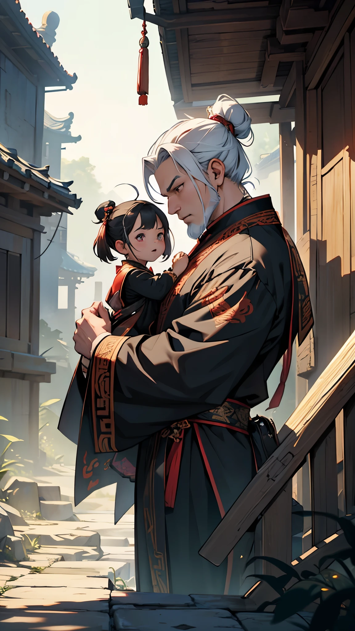 the powerful old grand Master brought back a little junior sister from the mortal world, Chinese style, detailed scene, stunning details, anime, detailed environment, ray tracing, 8k
