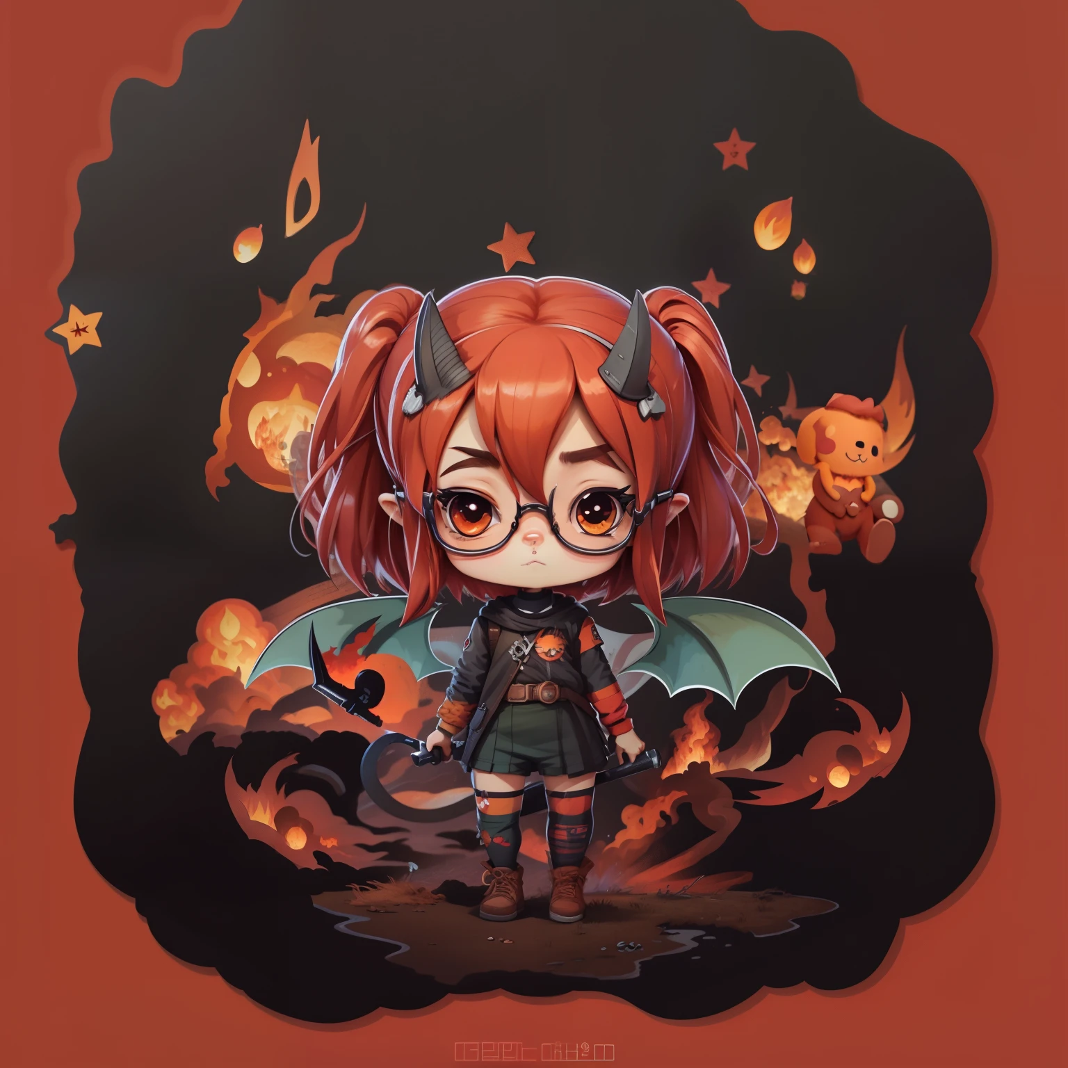anime girl with red hair and glasses holding a bat, chibi, advanced digital chibi art, chibi art, chibi monster girl, fire!! full body, chibi style, chibi girl, anime chibi, chibi anime girl, chibi anime, demon girl, demon anime girl, demon slayer rui fanart, anime moe artstyle, cute!! chibi!!! catgirl, cute art style, best quality, 4k