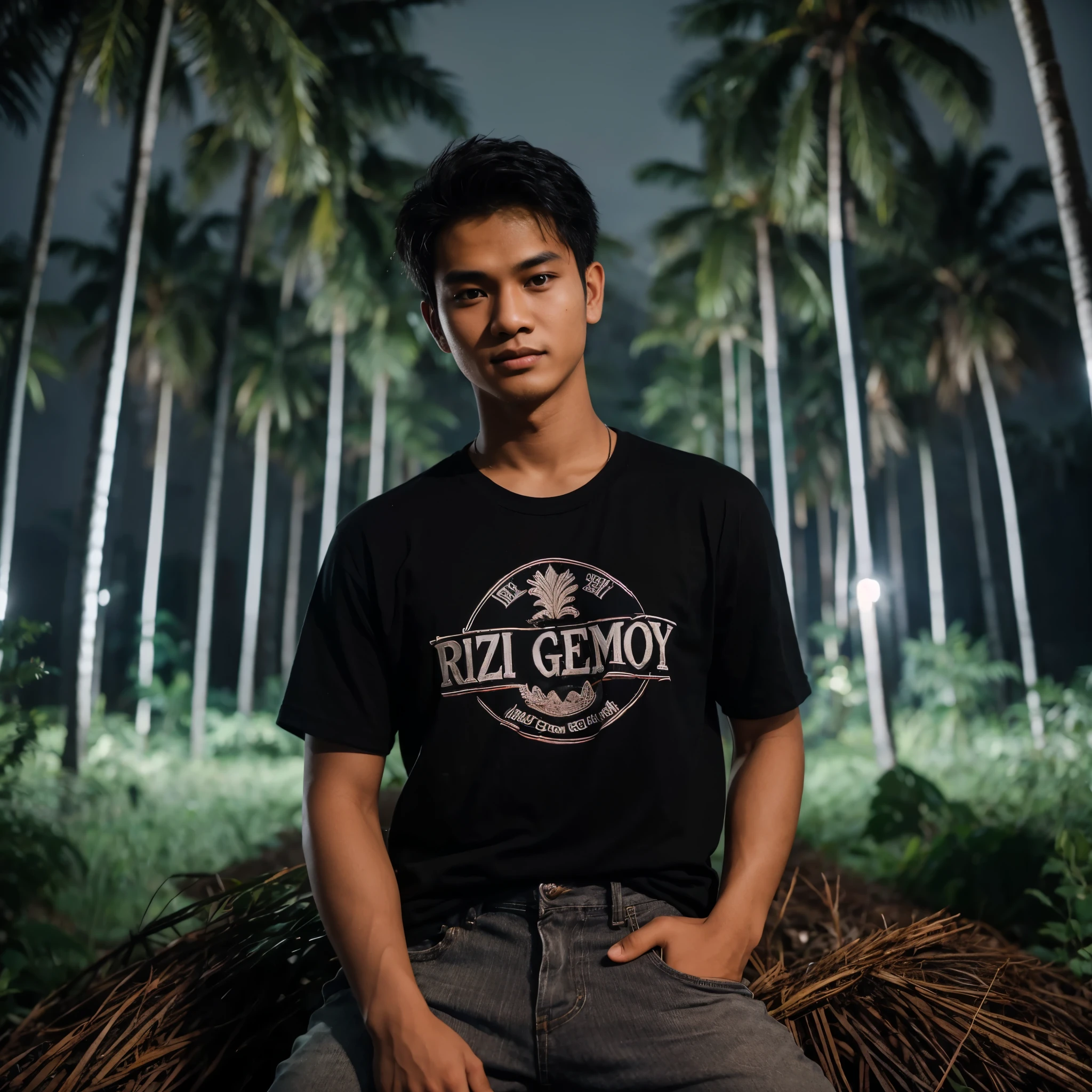 A young Indonesian man with a handsome and cute face wearing a black t-shirt that says "Rizi gemoy" wearing jeans, in palm forest in the night