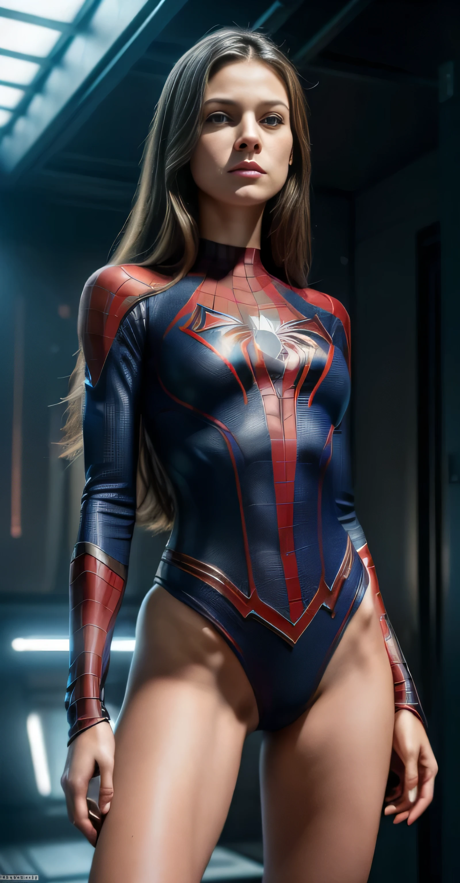 ((masterpiece, 8K, 3D, Realistic, Super Detail)), (1girl:1.3), slender 17 age, Ultra Micro photography, Super realistic, Perfect face, Beautiful features, ((Perfect female body)) Beautiful features, ( body), ((small hip)), Melissa Benoist as Spiderman Bikini suit ((Exposed thigh)), Exposed Skin, Front Full body Shot, full body portrait, futuristic city background