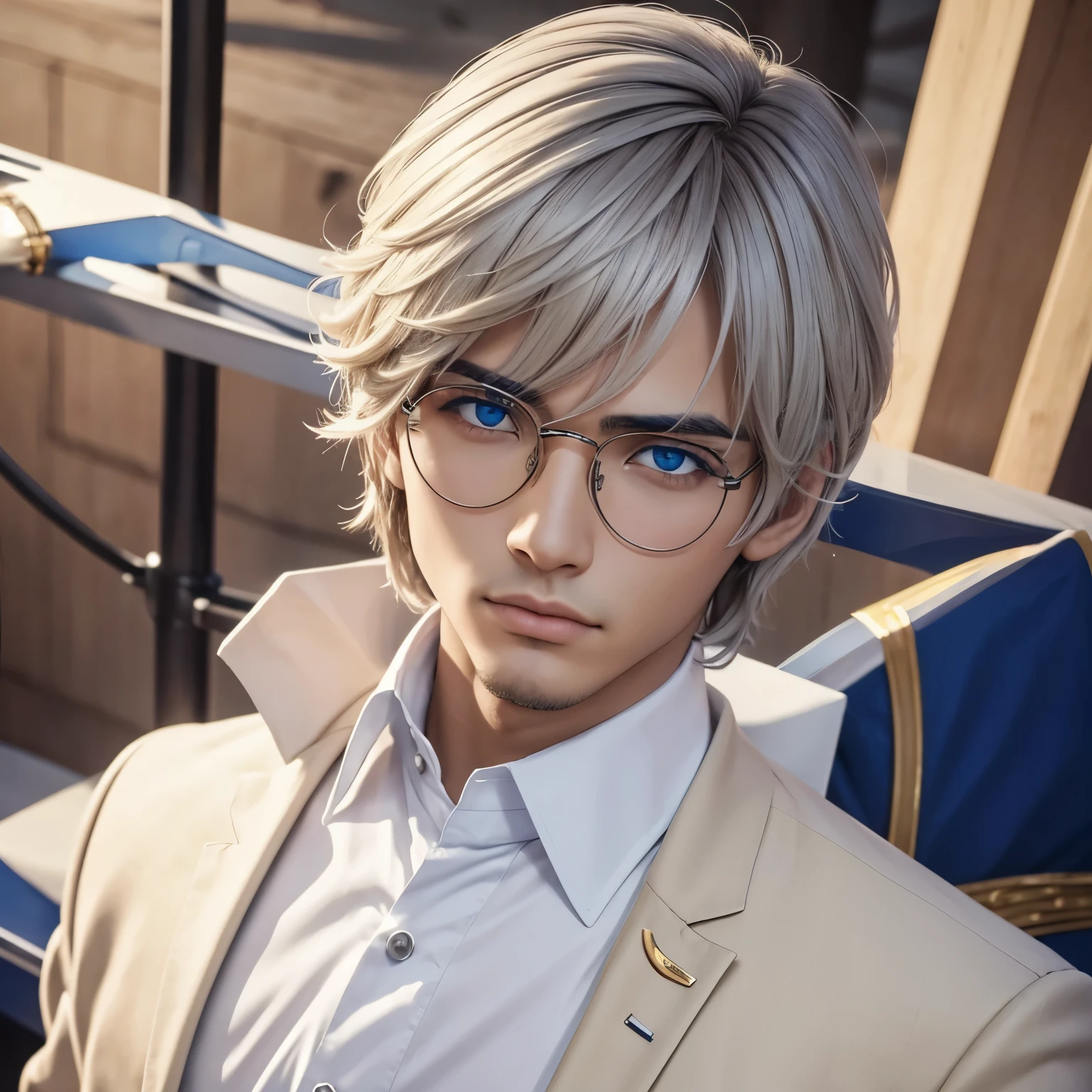 Hombre anime, ojos azules, cabello corto blanco, lentes delgados, traje beige