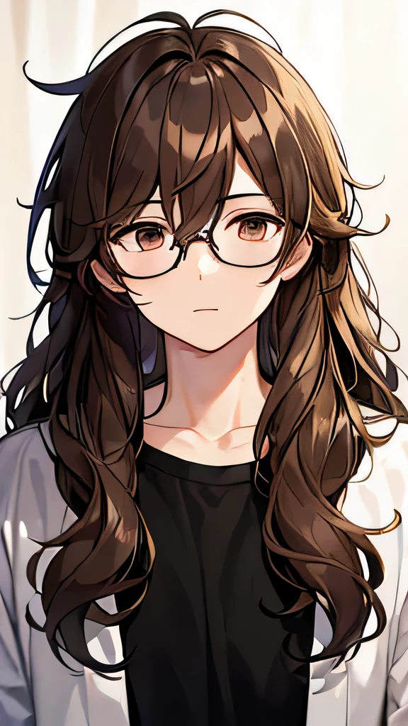 eyes browns, dark brown hair (wavy hair with bangs), square glasses (bigger )