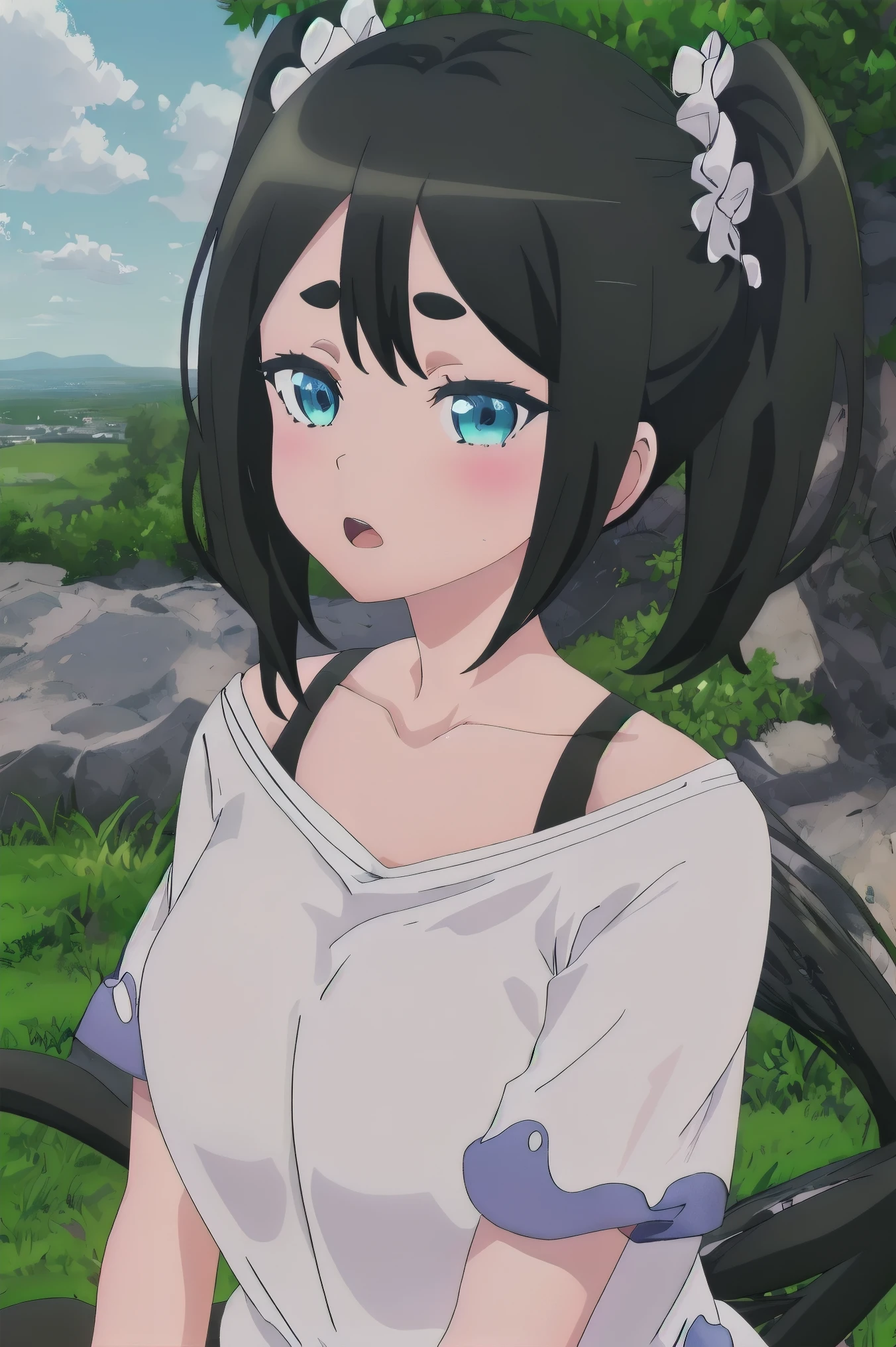 best quality, masterpiece, high resolution, alone, {poisonous_Denner_Totokuno Gyokai:1.15}, Black_hair, Double tail, blue_Eye, hair_decoration, blush, Thick_Eyebrow, Open_Mouth, 1 girl, blue_sky空, cloud, shirt, sky空, sky, Outdoor activities, short_sleeve, white_shirt, superior_Body, clavicle, Hair ring, closure_Eye, watching_exist_audience