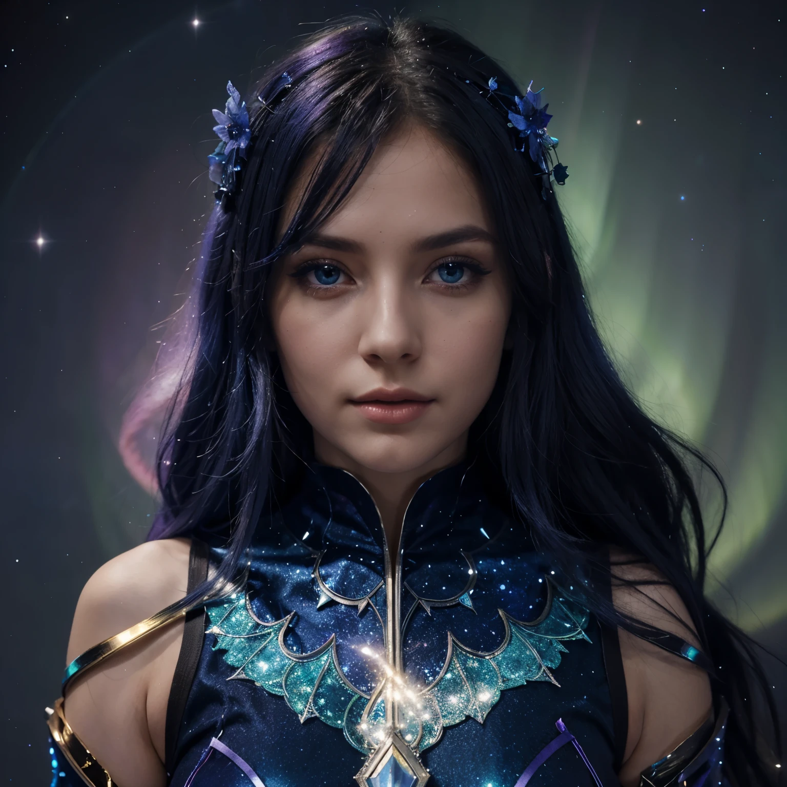 Aurora Veilstorm:
Race: Celestial Weaver
Appearance: Aurora is adorned with radiant celestial patterns that shimmer with a blend of ethereal colors. Her eyes glow with a mix of starlight and a deep, vibrant blue, reflecting her connection to the cosmic forces.