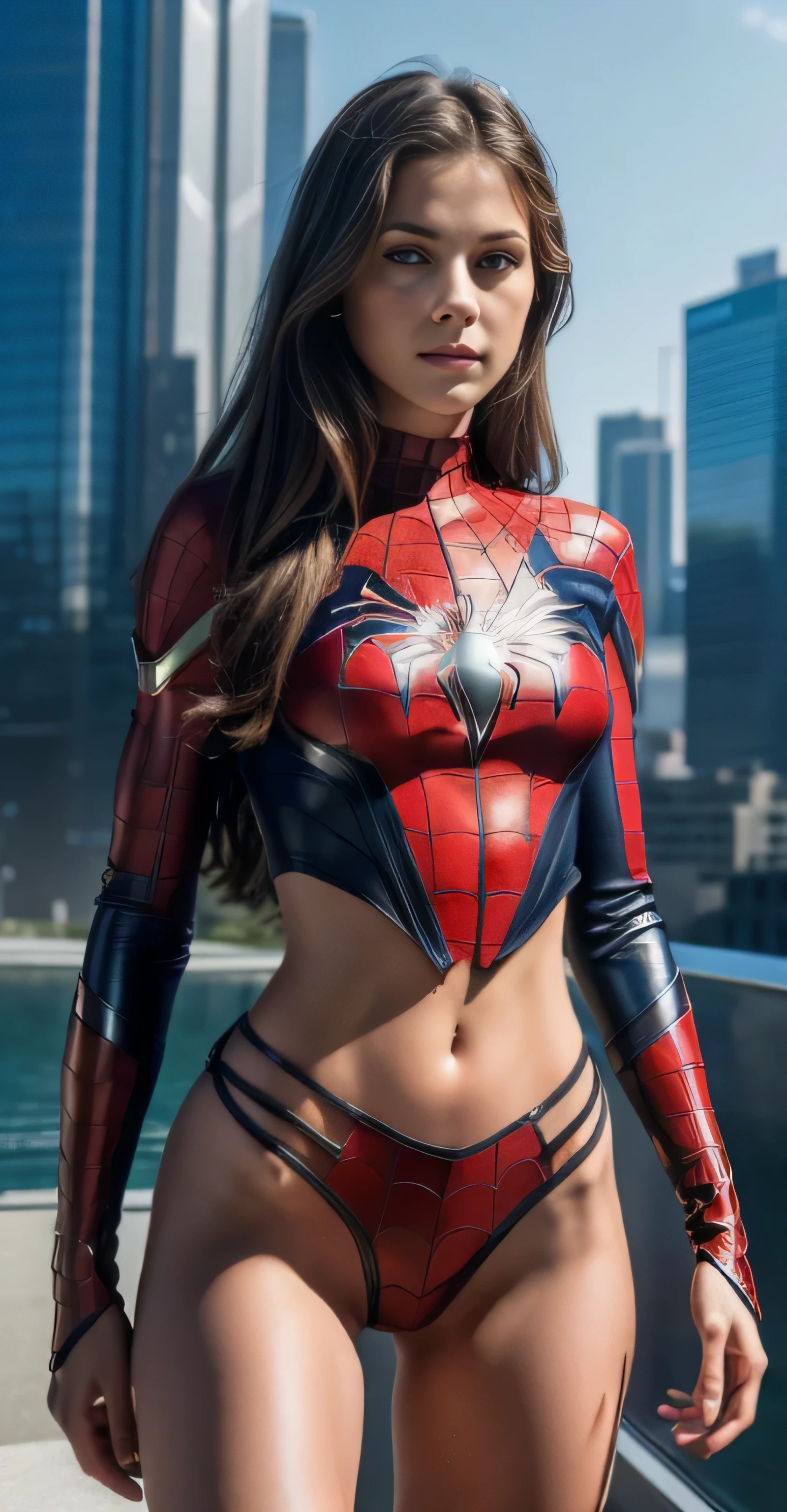 ((masterpiece, 8K, 3D, Realistic, Super Detail)), (1girl:1.3), slender 17 age, Ultra Micro photography, Super realistic, Perfect face, Beautiful features, ((Perfect female body)) Beautiful features, ( body), ((small hip)), Melissa Benoist as Spiderman 2 piece Bikini suit ((Exposed thigh)), Exposed Skin, Front Full body Shot, full body portrait, futuristic city background