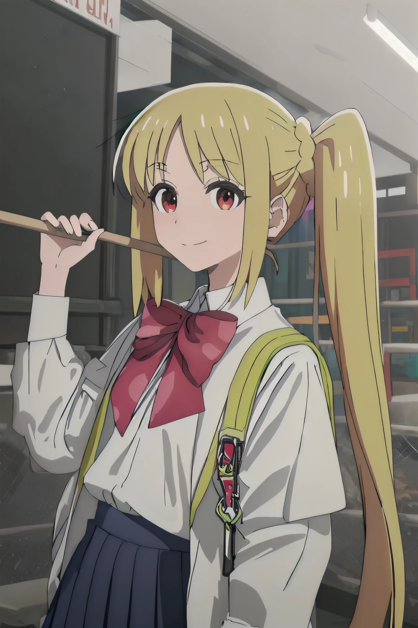 best quality, masterpiece, high resolution, alone, {bindle_rainbow_Boch Thurrock:1.15}, blonde_hair, long_hair, Bangs, side_ponytail, sidelocks, ahog, Red_Eye, bow, Red_bow, Smile, 1 girl, closure_Mouth, collaRed_shirt, parody, School_, shirt, white_shirt, photo_background, watching_exist_audience, meme, superior_Body