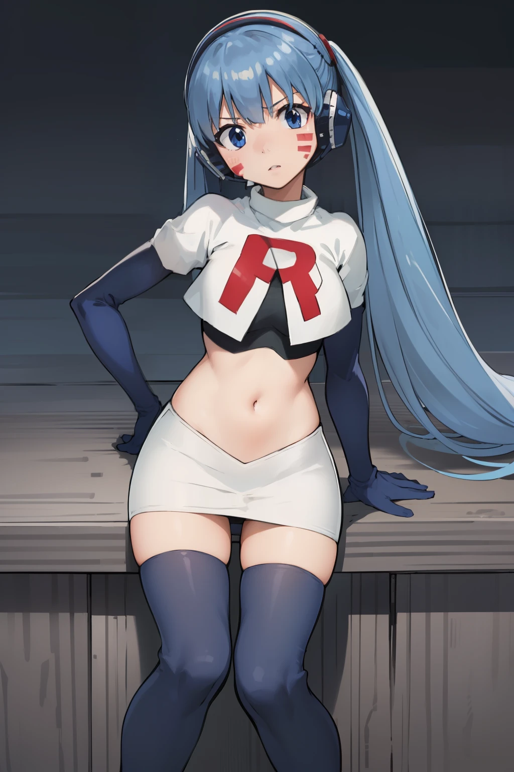 masterpiece, best quality, pov, harmit1, 1girl, solo, blue eyes, blue hair, long hair, twintails, facial mark, headphones, 
team rocket,team rocket uniform, red letter R, white skirt,white crop top,black thigh-highs,black elbow gloves