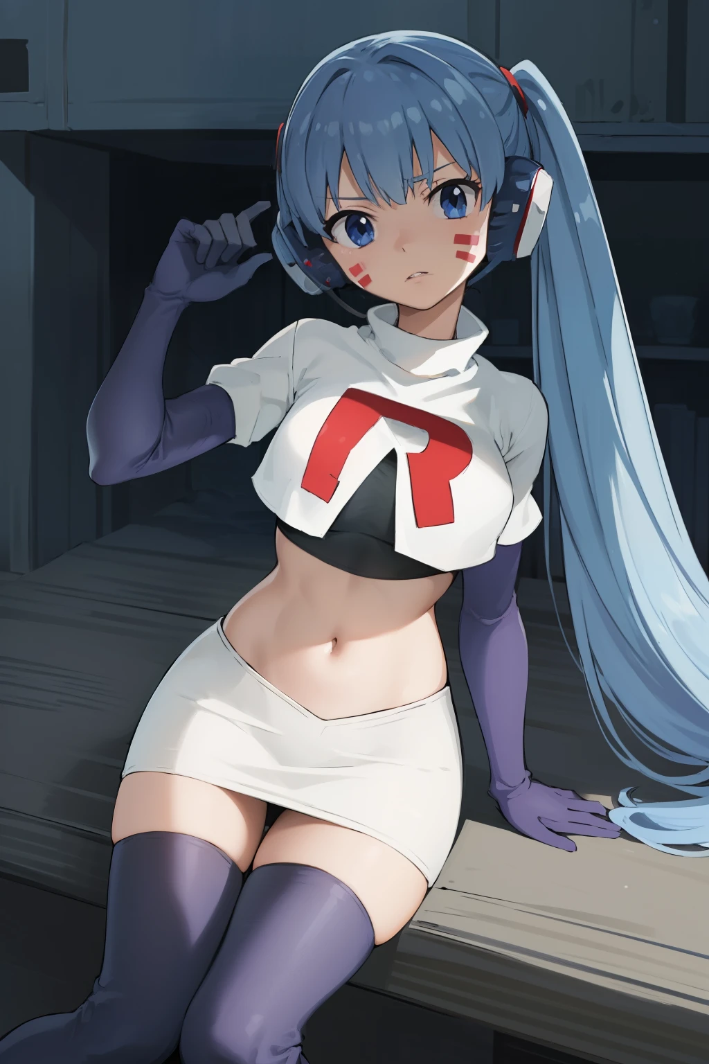 masterpiece, best quality, pov, harmit1, 1girl, solo, blue eyes, blue hair, long hair, twintails, facial mark, headphones, 
team rocket,team rocket uniform, red letter R, white skirt,white crop top,black thigh-highs,black elbow gloves