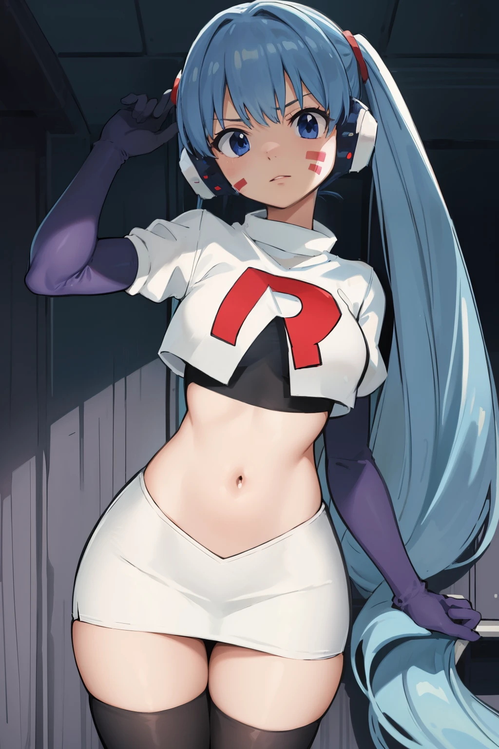 masterpiece, best quality, pov, harmit1, 1girl, solo, blue eyes, blue hair, long hair, twintails, facial mark, headphones, 
team rocket,team rocket uniform, red letter R, white skirt,white crop top,black thigh-highs,black elbow gloves