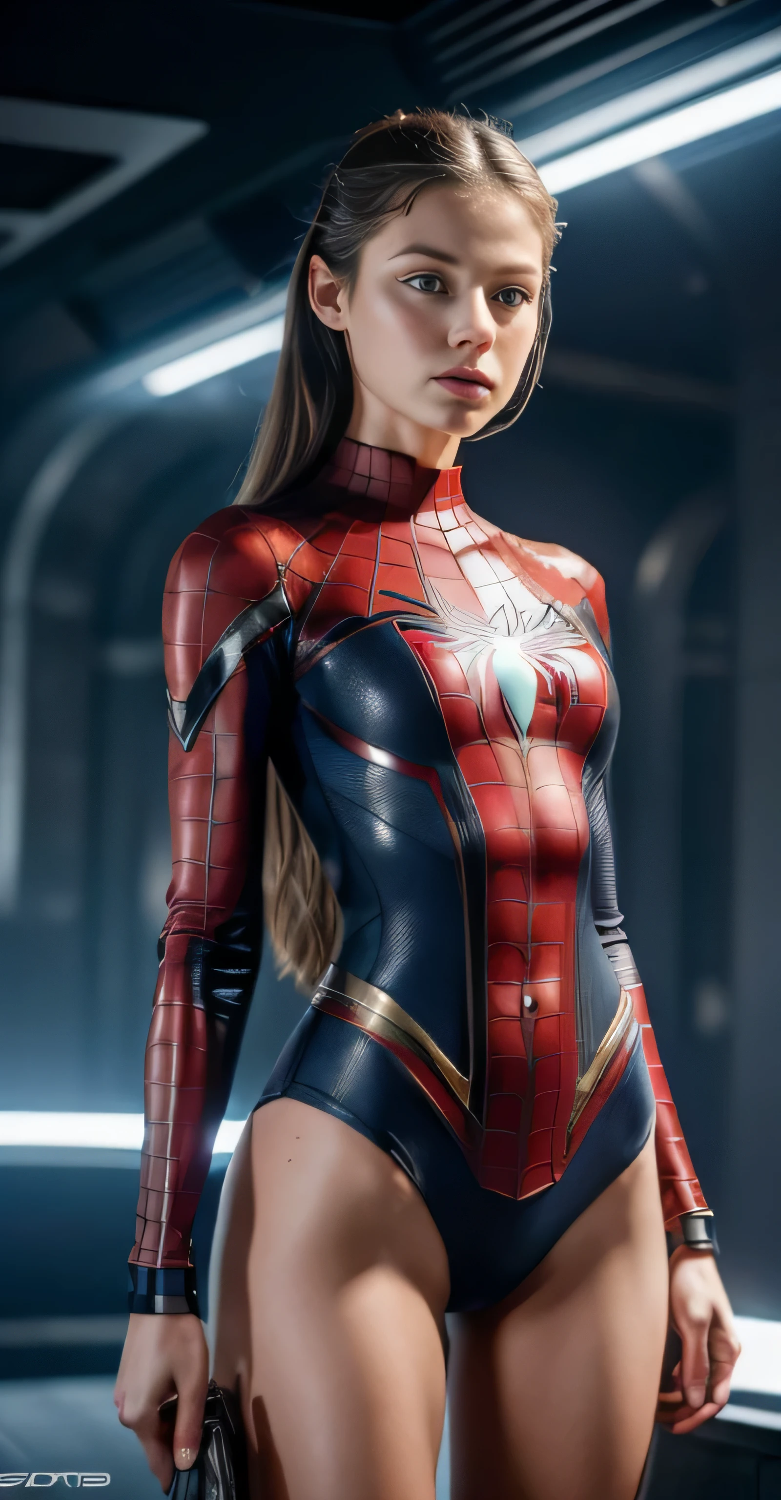 ((masterpiece, 8K, 3D, Realistic, Super Detail)), (1girl:1.3), slender 17 age, Ultra Micro photography, Super realistic, Perfect face, Beautiful features, ((Perfect female body)) Beautiful features, ( body), ((small hip)), Melissa Benoist as Spiderman 2 piece Bikini suit ((Exposed thigh)), Exposed Skin, Front Full body Shot, full body portrait, futuristic city background
