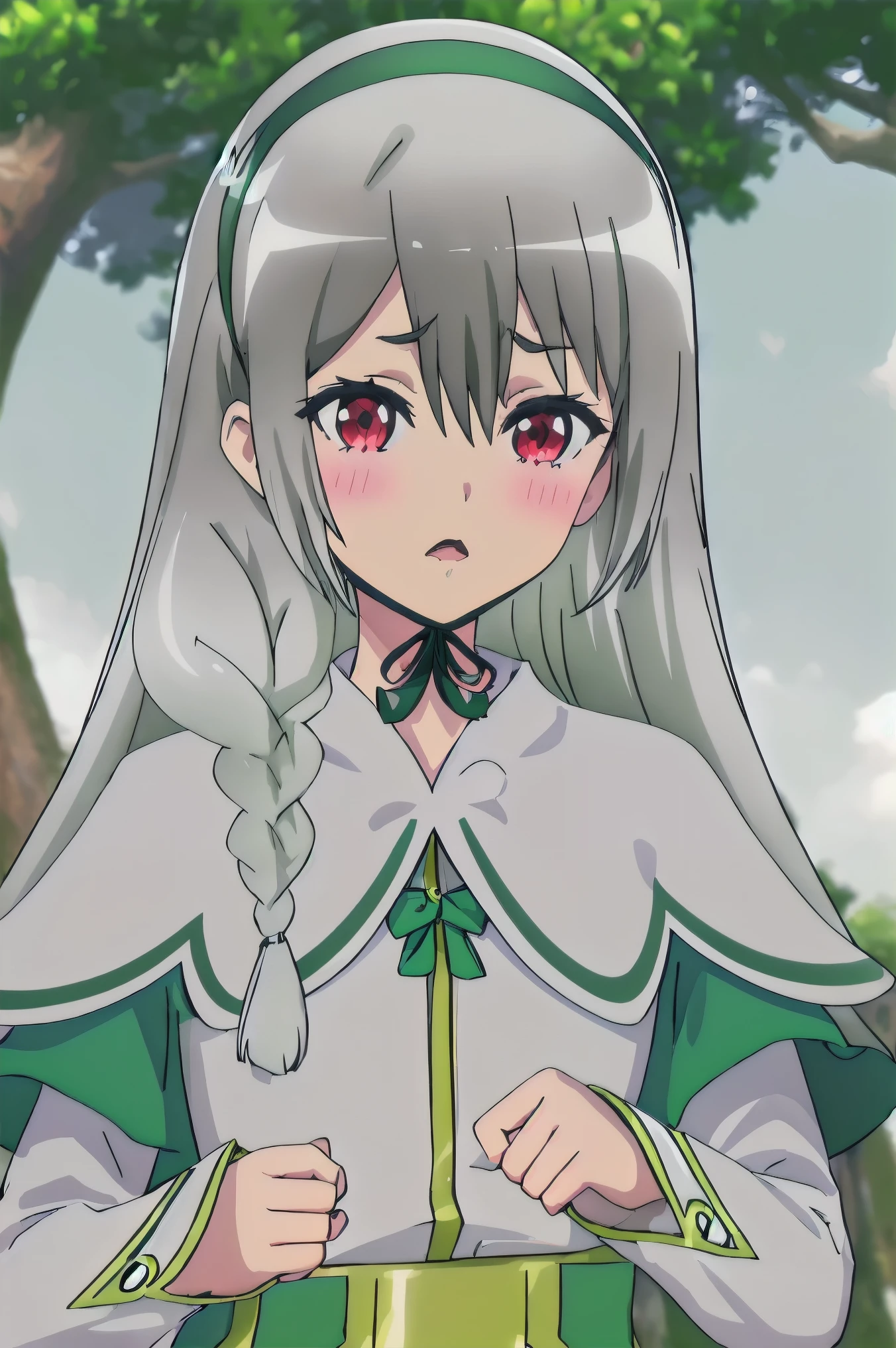 best quality, masterpiece, high resolution, alone, {Medna_Ange_Totokuno Gyokai:1.15}, long_hair, grey_hair, Red_Eye, blush, braid, Open_Mouth, hair_between_Eye, 1 girl, closure_Mouth, Outdoor activities, portrait, hairband, ribbon, tree, Bangs, green_ribbon