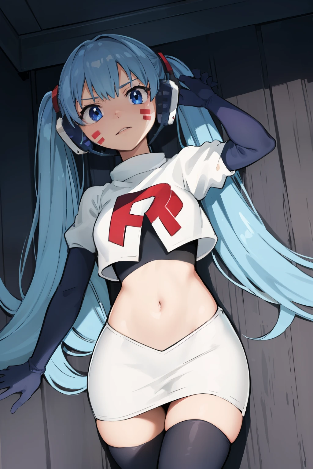 masterpiece, best quality, pov, harmit1, 1girl, solo, blue eyes, blue hair, long hair, twintails, facial mark, headphones, 
team rocket,team rocket uniform, red letter R, white skirt,white crop top,black thigh-highs,black elbow gloves