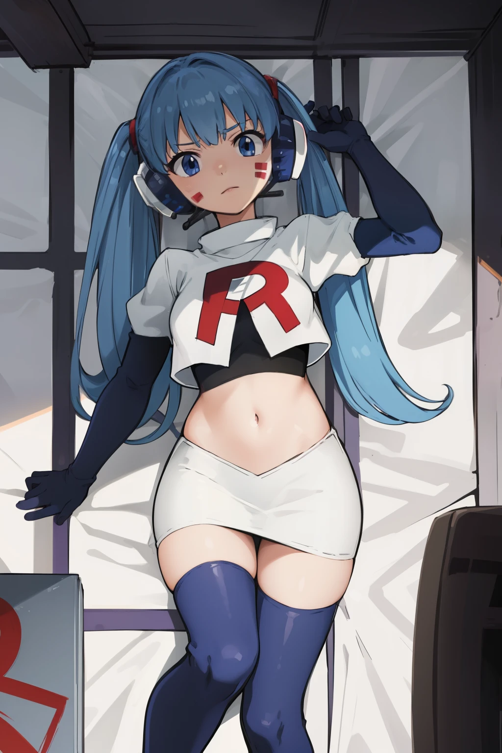 masterpiece, best quality, pov, harmit1, 1girl, solo, blue eyes, blue hair, long hair, twintails, facial mark, headphones, 
team rocket,team rocket uniform, red letter R, white skirt,white crop top,black thigh-highs,black elbow gloves