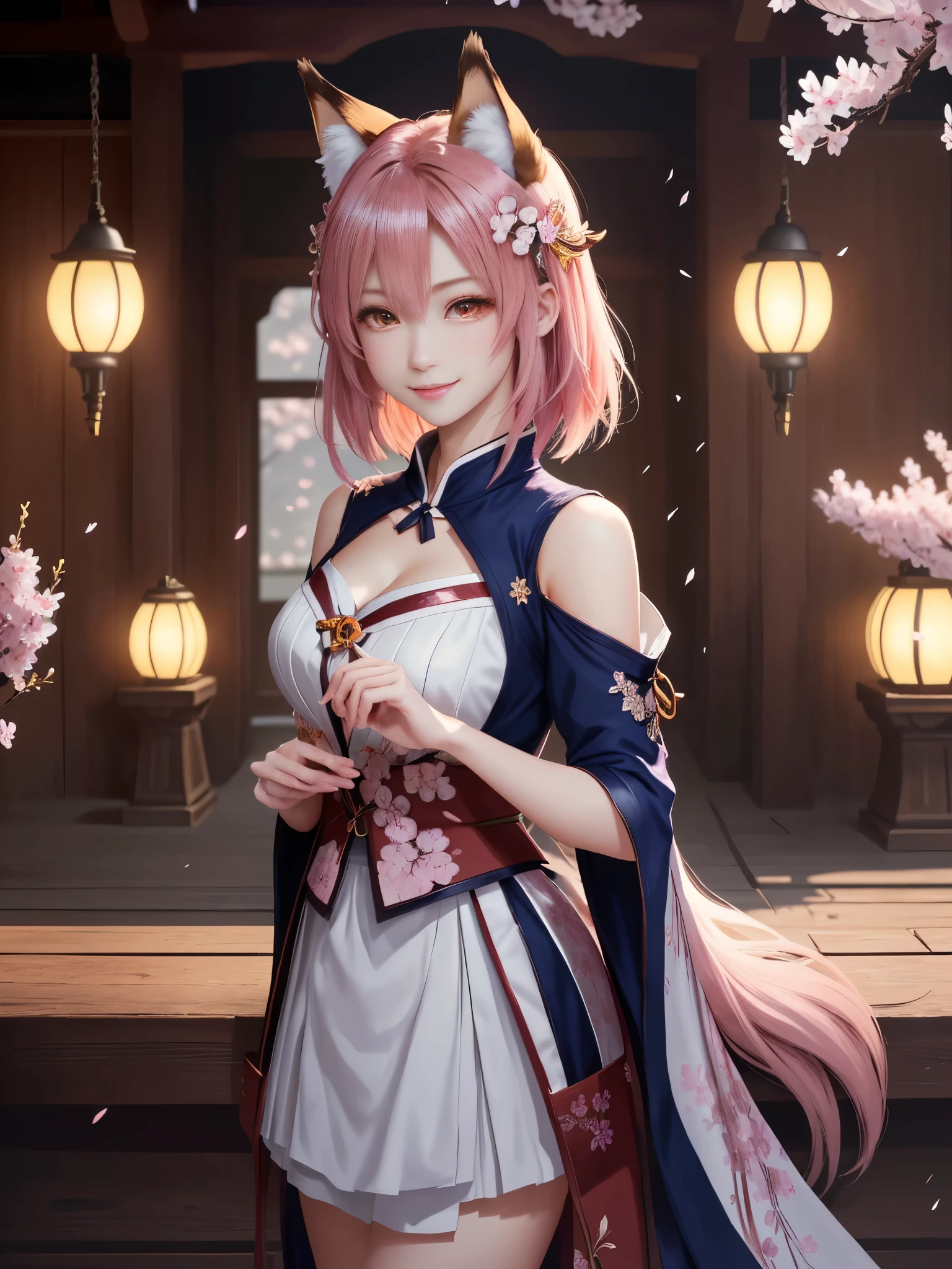 masterpiece , best quality,smile,smile,small face,shoulder exposure,less cleavage exposure,light pink hair,slender body shape,brown eyes,sharp contrast,short hair,Beautiful short hair,Berry Short,short cut hair,just one person,precision quality,Faithfully reproduced eyes, The surroundings are shining gold,一面に咲くcherry blossom background,snow scene,masterpiece, 幻想的なcherry blossom background,night,nightの背景,cherry blossom background,beautiful details, colorful, delicate details, delicate lips, intricate details, genuine, ultrargenuineista, 枝に座っている色とりどりの髪のFoxを持つ女の子:Mature, bright eyes, ,色とりどりのFox, raposa de nine tails, 三尾Fox, 三尾Fox, onmyoji detail art, beautiful fine art illustration, mythical creatures, Fox, beautiful digital art,shrine maiden,hold hands,exquisite digital illustration, mizutsune, Inspired by mythical wild web creatures, pixiv in digital art, shining light, high contrast, Mysterious,