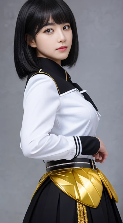 (highest resolution, clear_image), highest quality, masterpiece, very detailed, half realistic, 18-year-old, black haired woman, black eyes, mature, Mature female, emperor&#39;s sister, sexy, short bob cut hair, three bangs, sailor suit, black uniform, light blue mini skirt, School, classroom